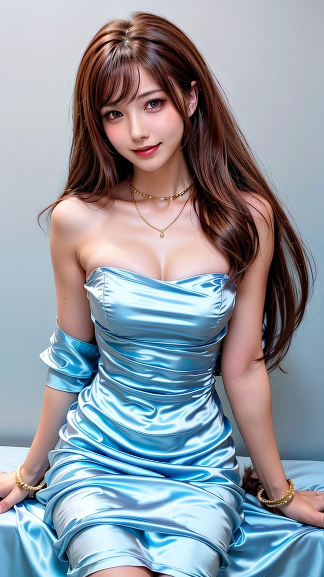 Wearing a colorful, highly detailed, extravagant, long skirt dress, Highest quality, masterpiece, Ultra-high resolution, (Realistic:1.4), RAW Photos, One Girl, Off the shoulder, In the Dark, Spotlight light, Deep Shadow, Moderate, whole body, 20-year-old, Cute face, Open your mouth、Look at this and laugh、smile