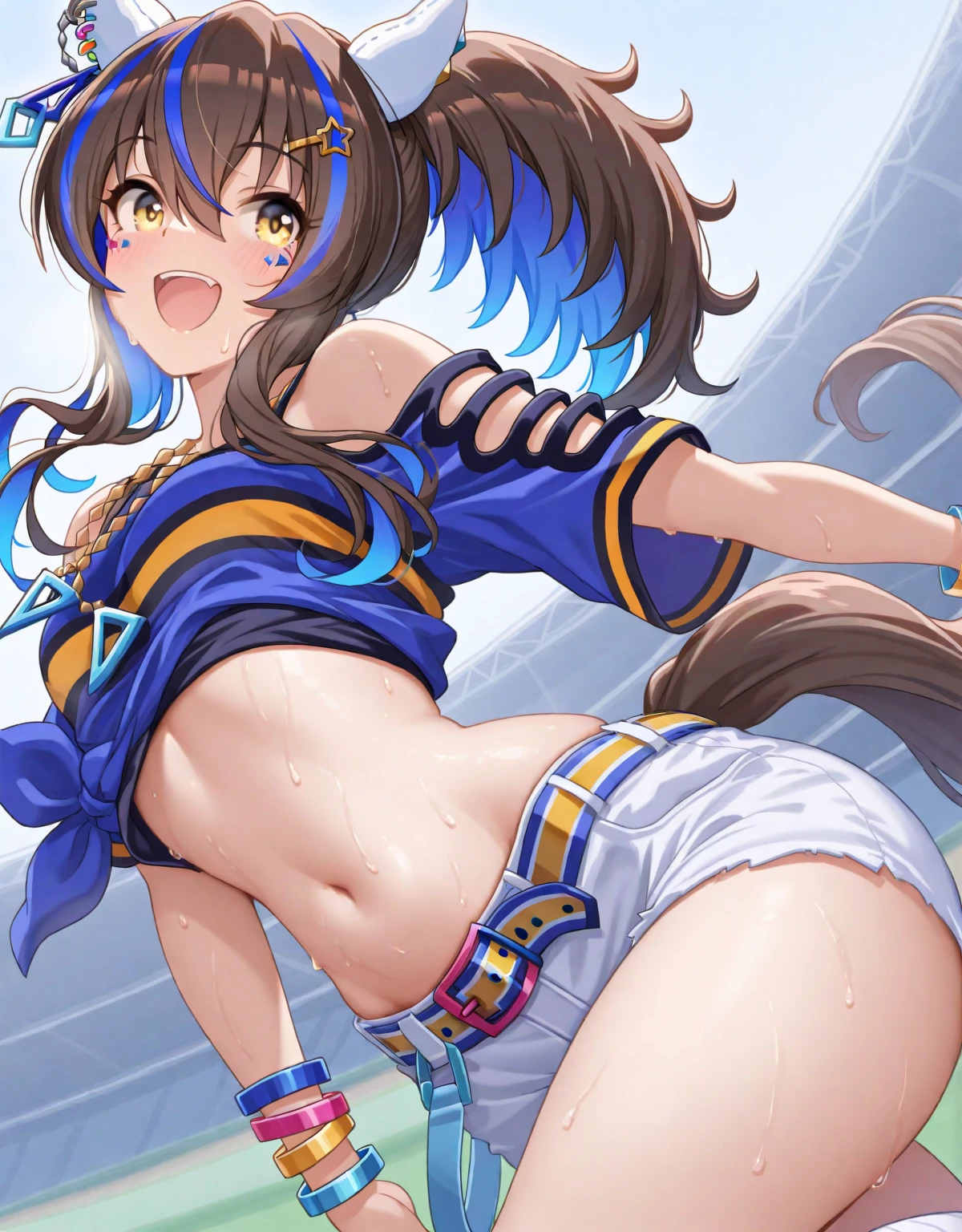 8K, high resolution, NSFW, from below, (gigantic breasts), huge pelves, inner flesh, agnes tachyon \(umamusume\), swimwear,
, strong eyes, arms behind head, armpit,