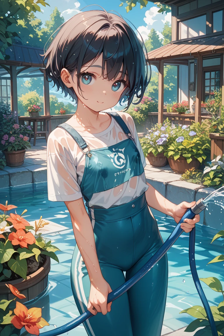 beautiful girl、16 years old、Off the shoulder、School Swimsuit、slouch、Chest、Flat Chest、Poolside、smile、Spraying water with a hose