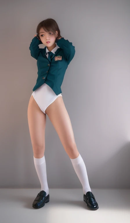 Standing split in white ultra sheer crotchless pantyhose, cute sailor style top, seductive, standing at her desk in a classroom, UHD, ultra high res.photorealistic:1.4 