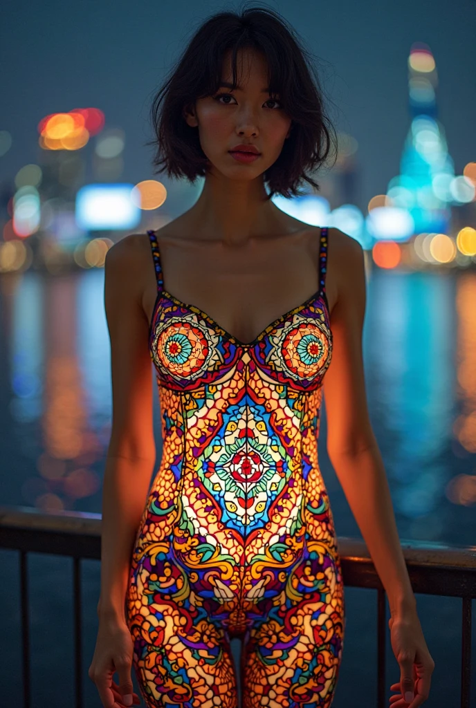 (masterpiece, Highest quality), 8k,(((Very detailed))), Race:1.8, Super intricate Race pattern, colorful Race pattern, Stained glass transparent body, Mandala,light up, 1 female, Open Back, 18 years old、Photo of Lee Jae, tumbler, sultry body with セクシー belly, Sexy girl, Young sensual elegance, Sexy body, Sexy look, Very Short Hair、Shooting at a port with a beautiful night view、 Intelligent face、Narrow waist、Large Breasts、drool coming out of the mouth、Smile a little、EOS 50mm F2, Blur the background、Shooting from behind、Lighting the face、Butt、whole body、camisole、Sitting with legs apart、