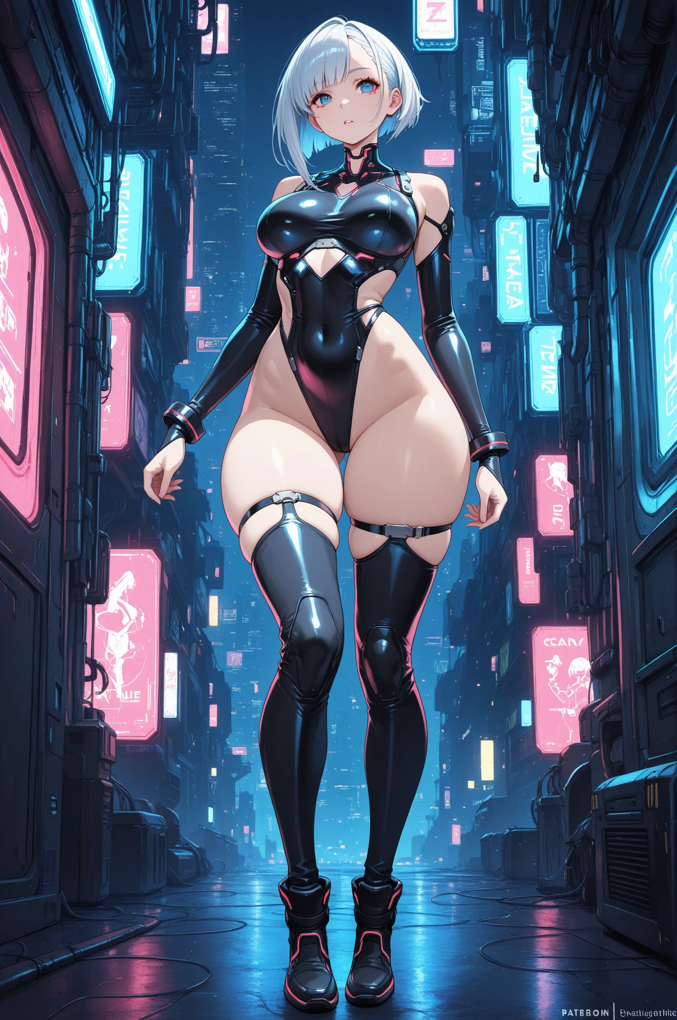 best quality,4k,8k, highres, masterpiece:1.2), extremely detailed eyes, extremely detailed body, (large masterpiece digital art), (detailed manga illustration), (detailed line art), ((perfect anatomy)), (intricate details:1.3), (ultra-detailed:1.3), (illustration:1.3), (sharp focus:1.3), (natural lighting:1.05), (vivid colors:1.3), (masterpiece), (best quality:1.4), (perfect anatomy:1.4), high quality, expressive eyes, full body, tall girl, detailed face, beautiful face, perfect face, breasts, gloves, large breasts, cyberpunk, (black armor), short hair, ((pale skin)), messy hair, detailed ((dark blue hair)), (honeydew hair), multicolored hair, two-toned hair, detailed eyes, (amber eyes), hourglass physique, mecha musume, fortified suit, mechanical parts, headgear, robot joints, bodysuit, deva battle suit, gloves, thick thighs, toned, emblem, superhero, dynamic lighting, 4k resolution, dynamic pose, weapon, energy weapon portrait, Jeff Bridges, ((cartoon style)), Marvel Cinematic Universe style, (((sci-fi city  on the water in the background))), soft bokeh of futuristic city, Atey Ghailan, Jeremy Mann, Greg Manchess, Antonio Moro, trend in ArtStation, trend in CGSociety, Intricate, High Detail, Sharp focus, dramatic and photorealistic painting art by Midjourney and Greg Rutkowski, bokeh in the background