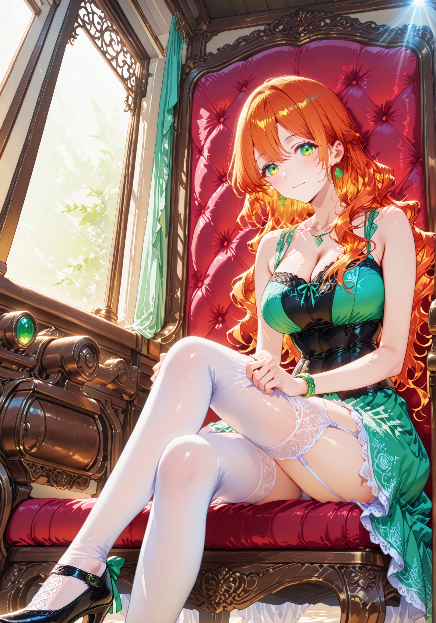 (depcit young girl), (((green lace panties and elegant green lingerie))), ((green panty transparent)), redhead, long hair, straight hair, blue eyes, thin , small breasts, (topless), nice hips, open shoulders, ((sassy)), back arched, spreading legs, couch living room,