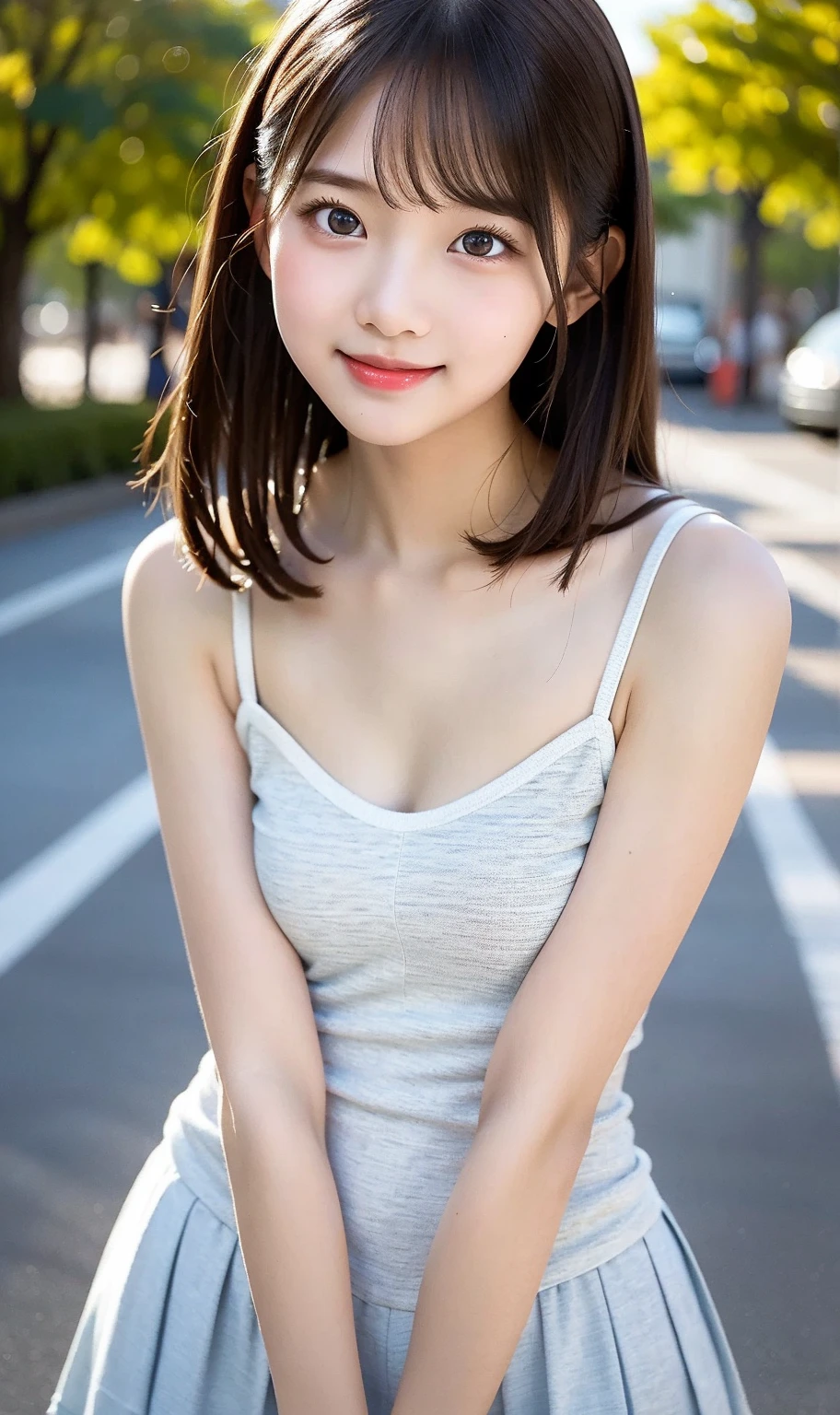 RAW photo, bokeh, (Lifelike face), smiled slightly, best quality, HDR, (photorealistic:1.7), full body portrait, Close-up, sharp outline, romantic, cold beauty, stylish, uniform, culottes, delicate face, short brown hair fluttering in the wind, 24-year-old girl, slim figure, small bust, cleavage of the breast, charisma, glamorous, standing tall.