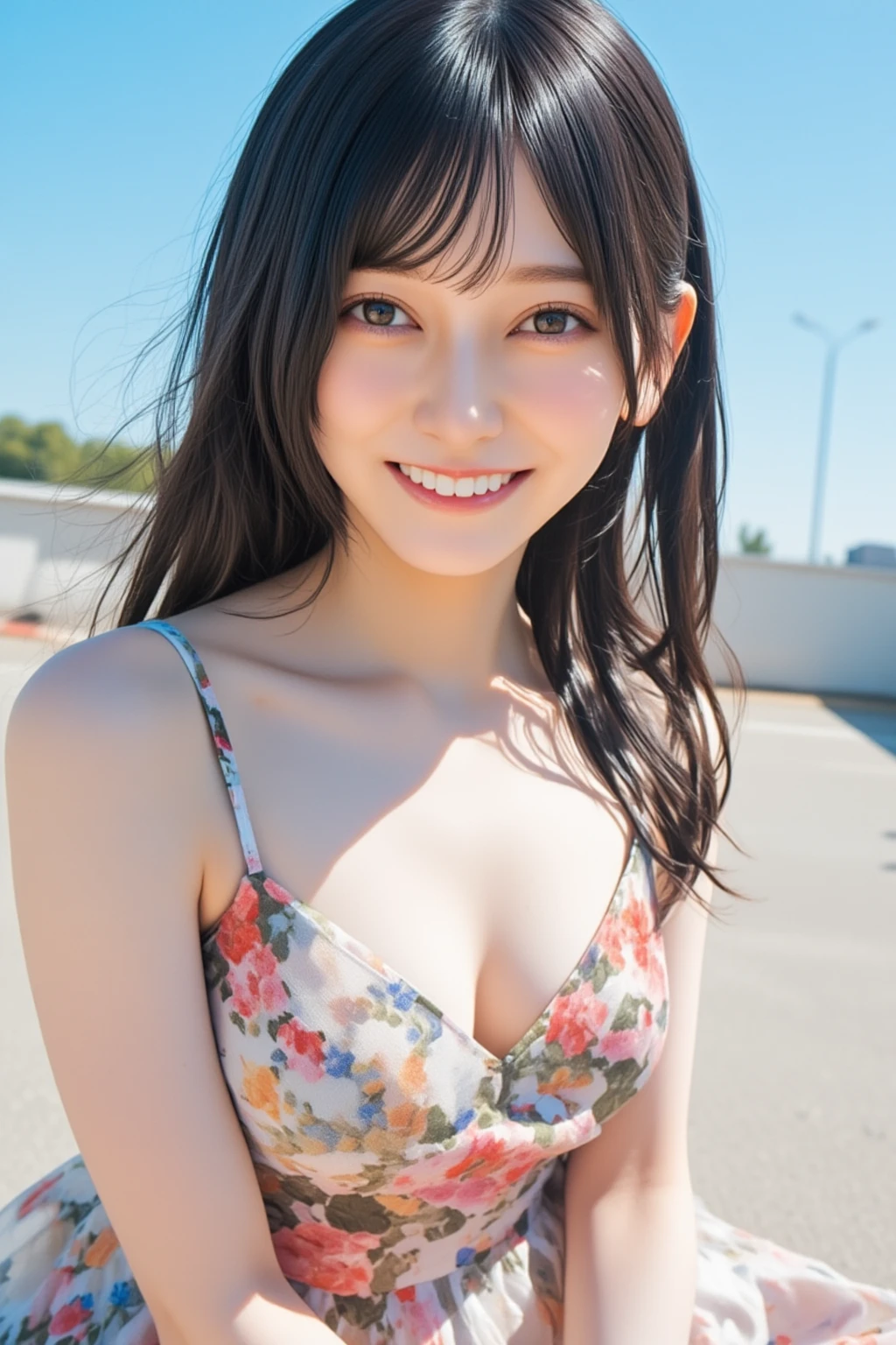 (highest quality,masterpiece:1.3,Ultra-high resolution),(Very detailed,Caustics,8k),(Realistic:1.4,RAW shooting),1 girl,Are standing,(Cherry blossom petals are falling),(smile),Looking into the camera,Age 25,cute,Japanese,Black hair medium hair,(White blouse),Navy blue micro mini skirt,glamorous,(Big Breasts),Cherry tree,sun,Natural light,blue sky,Professional Writing,(Long Shot),(inclined composition),(Bust up shot),(Low position),(Low angle full body shot)、You can see the chest、Deep cleavage、Saggy breasts、Large Breasts、Soft Breasts、Voluptuous thighs