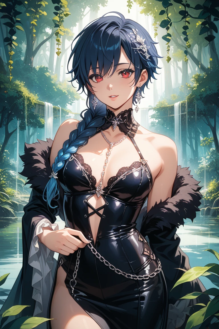 masterpiece, best quality, YelanV4, 1girl, solo, looking at viewer, blush, smile, large breasts, gloves, dress, cleavage, jewelry, green eyes, jacket, earrings, armpits, fur trim, blue dress, white jacket, tassel, arms behind back, pelvic curtain, mole on breast, jacket on shoulders, vision (genshin impact), purple lips, dice