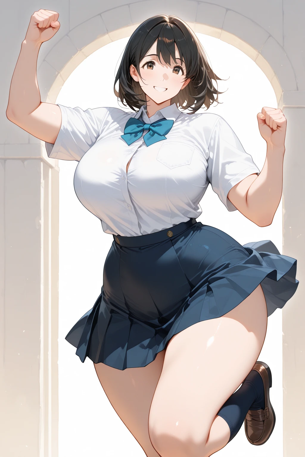 Tsubasahanekawa, wearing default outfit, , default hair, wearing glasses, big breasts, big body, farting, fart, yellow fart, massive fart, velocity, yellow smoke, bending forward, leaning, clenching teeth, blush