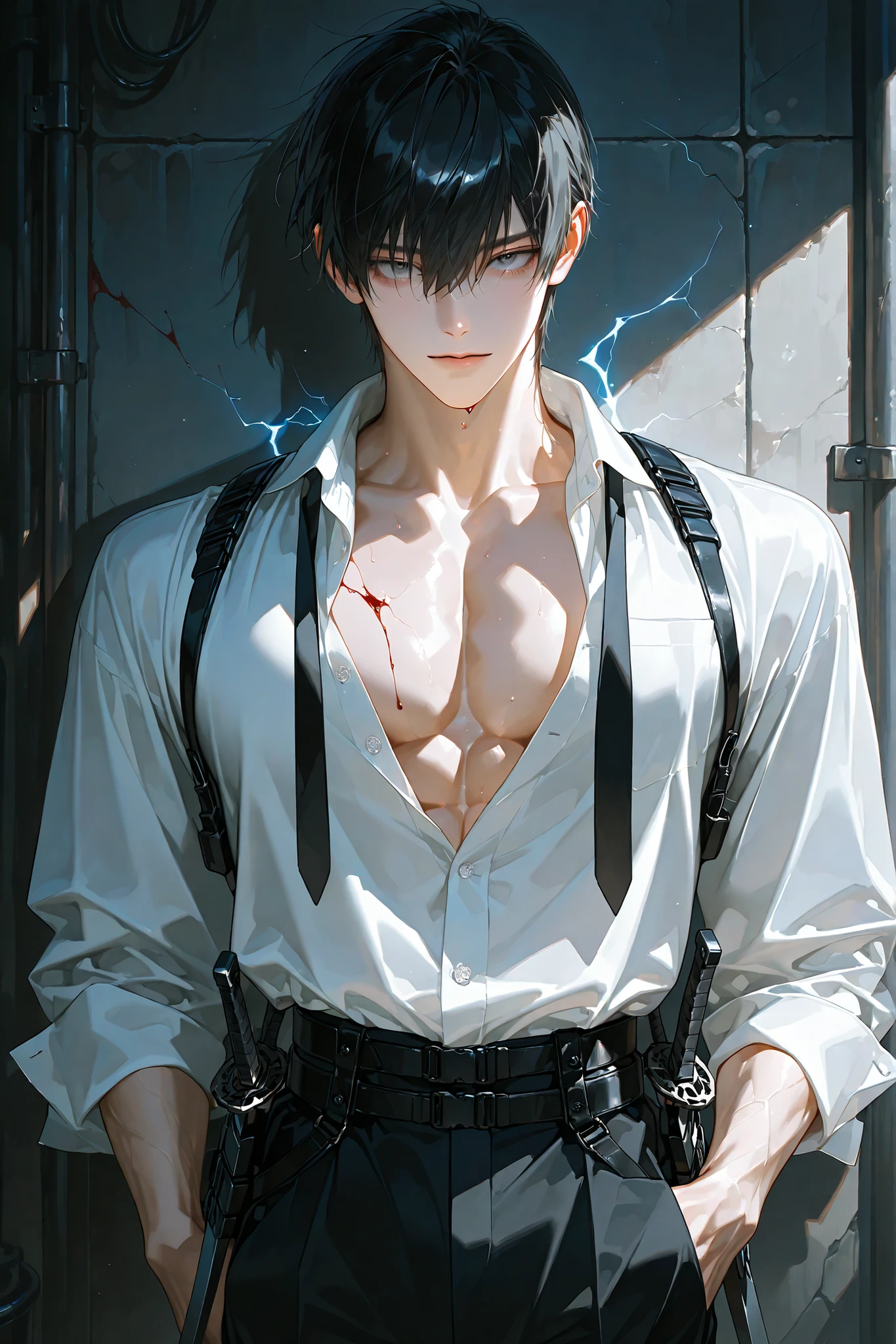 4k, High resolution, La mejor calidad, Obra maestra, colores perfectos, perfectamente sombreado, Perfect lighting, Publicado el E621, (por chunie), Anthro, ((retrato)), （（Hombre guapo））, Figura masculina perfecta, Cabello corto y detallado，Use pantalones cortos para hombre,Abs，musculatura,chest muscle，Abs，Parte superior del cuerpo desnuda，Cara detallada, Cara perfecta, (Los stands up), Antecedentes detallados, ((Bonifasko lighting)),  (ojos detallados), pupilas perfectas，piel bronceada