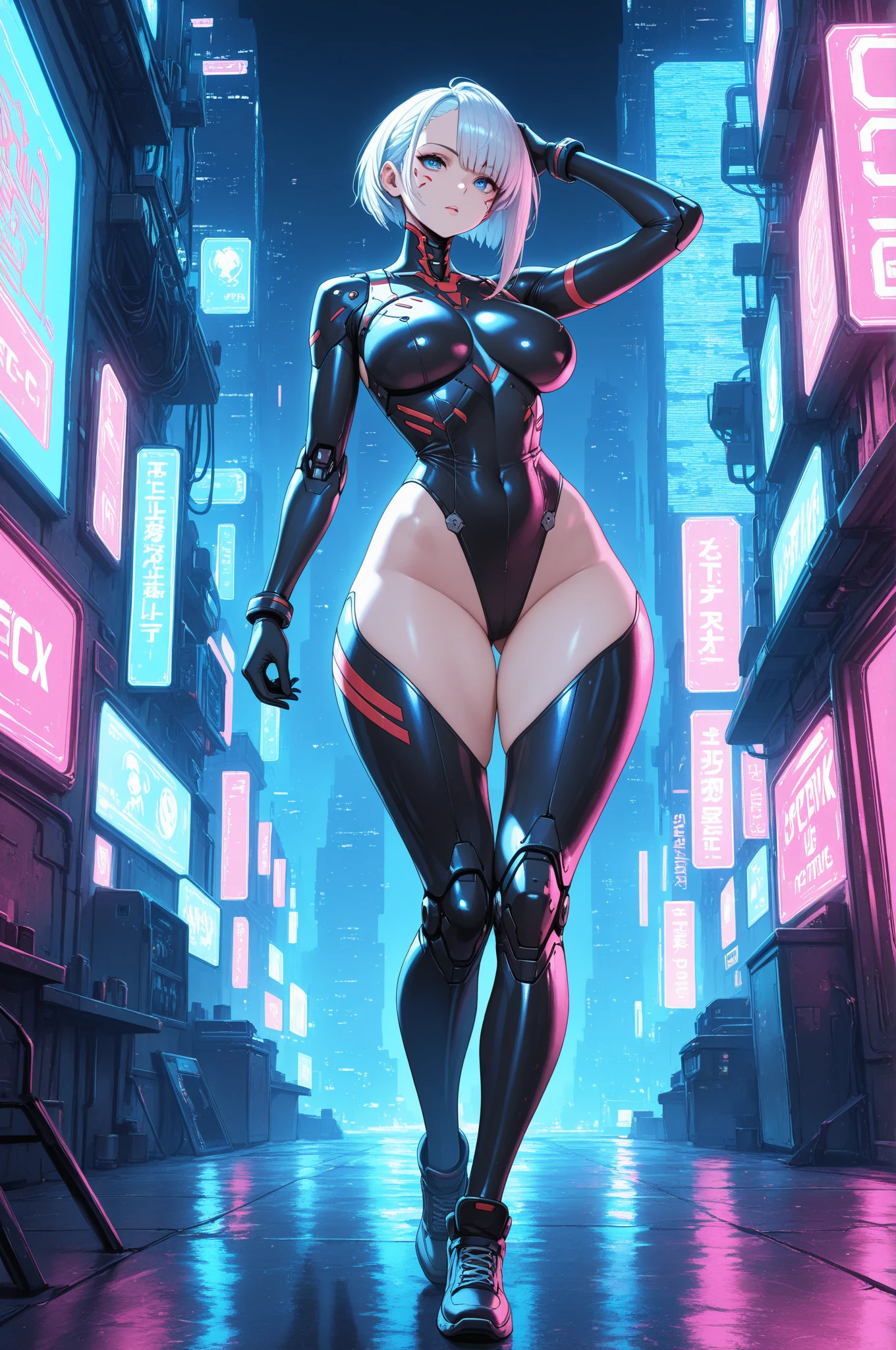 Cute bunny girl,(((1girll))),((Bunny has extremely cute and beautiful black hair)),(((Bunny Girl,Furry cute,bunnygirl,Bunny ears,bunny ears on her head,Big rabbit ears))),
(Large breasts:1.4),Saggy breasts,(((Black hair:1.35,Colored inner hair,Ear breathing,Short hair))),((Heterochromia:1.5,Eye 1 red,Eyes2 Orange,Perfect eyes,Upturned eyes:1.3,Beautiful detailed eyes,fine detailed beautiful eyes:1,big highlight on eyes:1.2,slanty eyes)),((Fat)),(((Glossy glossy skin:1.5,Bright Skin: 1.5,dark tanned skin,Shiny skin,very shiny skin,shining body,plastic glitter skin,exaggerated shiny skin,brightskin,Wet legs))),(spider lower abdomen,Narrow waist,Wide buttock,atheletic body,inflated legs,delicate detailed fingers,Detailed body,human hand,(Detailed face)),
Cute,slutty,Seductive,Erotic,(((NSFW))),
(((slingshot swimsuit))),(((Huge cleavage))),((Wet clothes,detailed outfits,Detailed clothes)),
(Dynamic pose:1.0),solofocus,Embarrassed,(Centered,Scale to fit the dimensions,Rule of thirds),
((((Cyberpunk City by the sea,Neon signs,Puddles)))),Stormy sky,Threaten the sky,Dark clouds,((Synthetic wave background theme,Detailed background : 1.25)),((((Night,Nice lighting decoration,Detailed architecture)))),
(Best quality,high resolution,Sharp focus,Ultra detailed,Extremely detailed,extremely high quality artwork,(Realistic,Photorealistic:1.37),8K_the wallpaper,(Extremely detailed CG 8K),(Very fine 8K CG),((hyper super ultra detailed perfect piece)),Flawless,(((Masterpiece))),illustration,Vibrant colors,(Intricate),High contrast,Selective lighting,Doubleexposure,hdr (HighDynamicRange),Post-processing,Background blur,colours,(Intricate),High contrast,Selective lighting,Doubleexposure,hdr (HighDynamicRange),Post-processing,Background blur,
