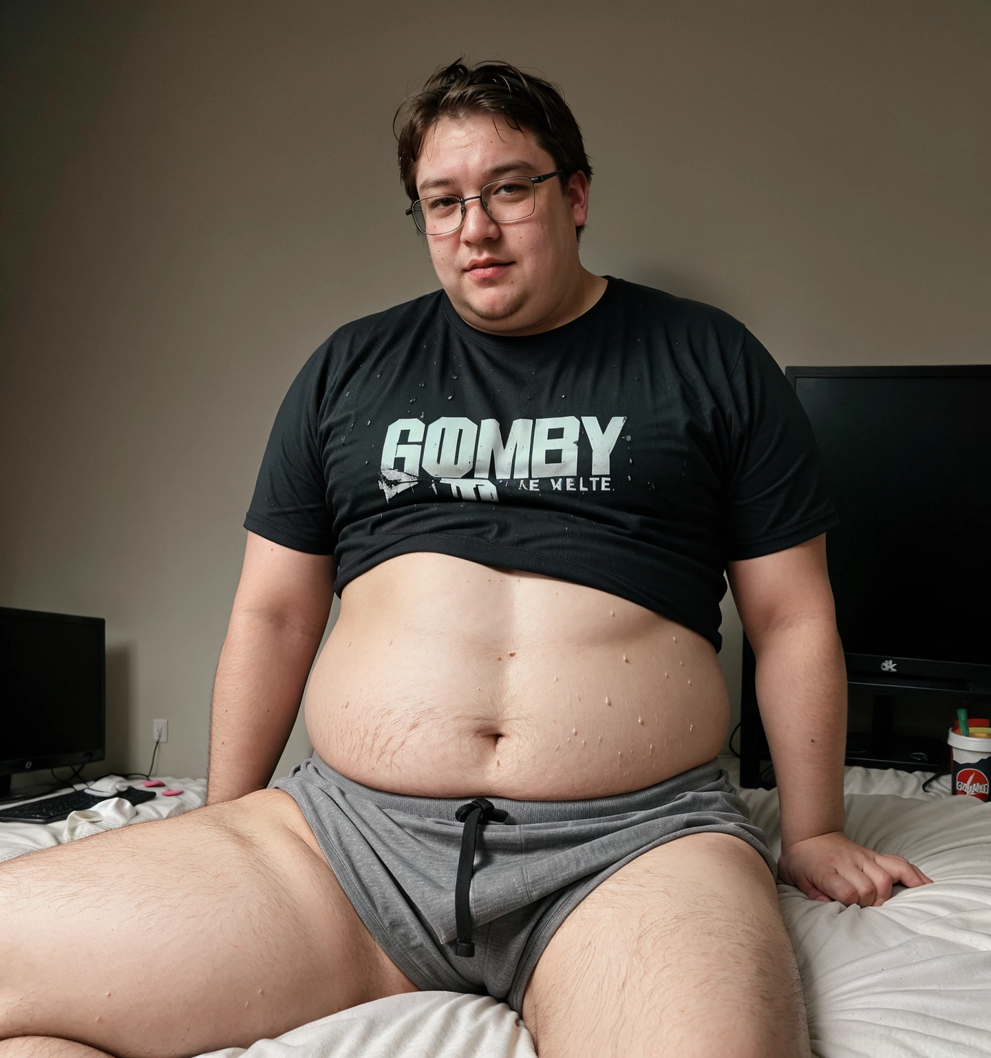 A fat young Thai grandfather with a belly wearing underwear with a bulging crotch lying on the bed.