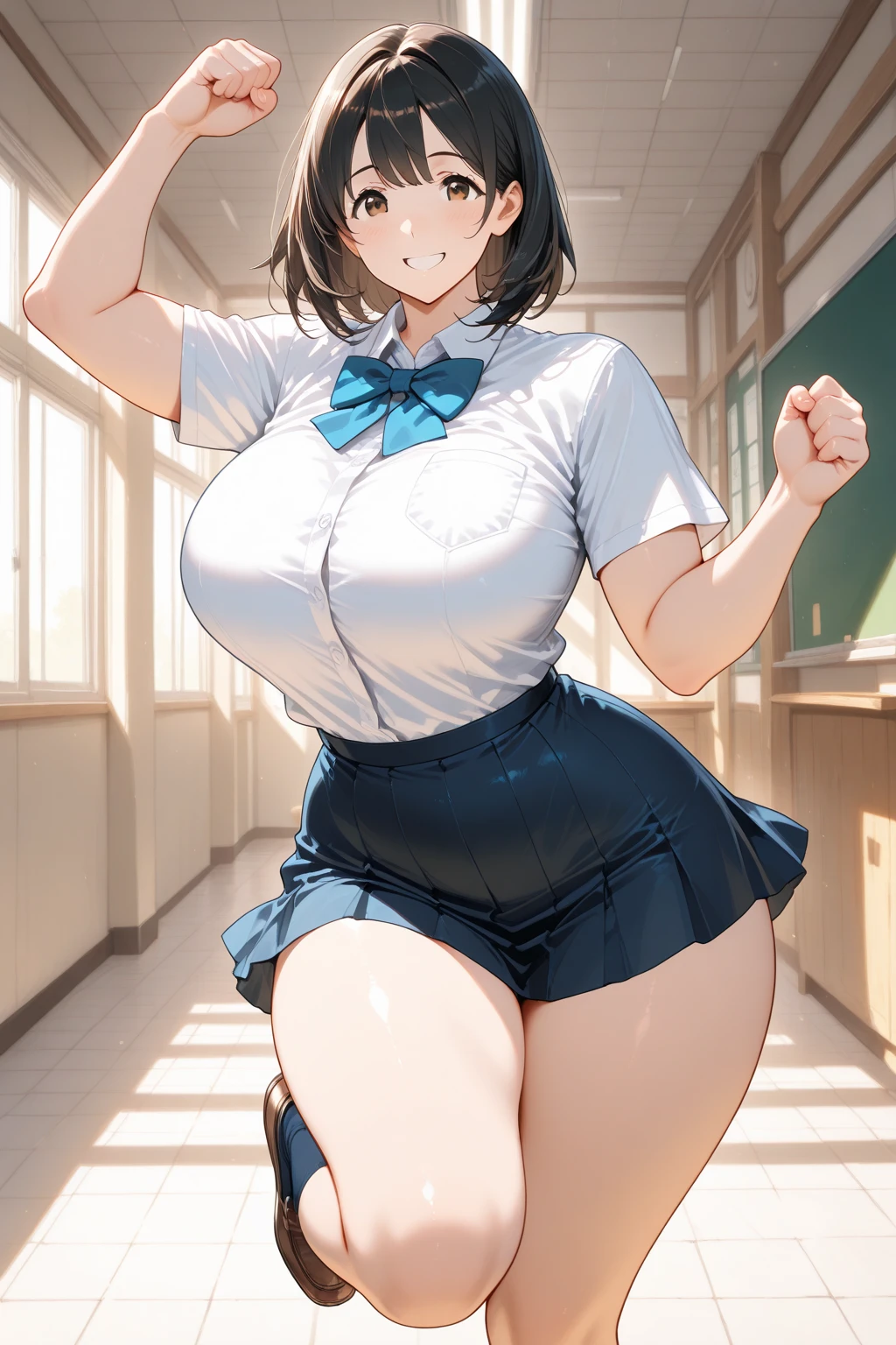 Realistic, Masterpiece, best Quality, perfect anatomy, (Detailed Eyes), One High School Girl, school uniform, Huge breast, Sweat, ponytail, earrings,  between breasts, center opening,   pelvis curtain, (wide hips), great joy, cheerful, standing split, leg up,leg lift,standing on one leg, Short skirts, White panties, Exposed panties, Classroom