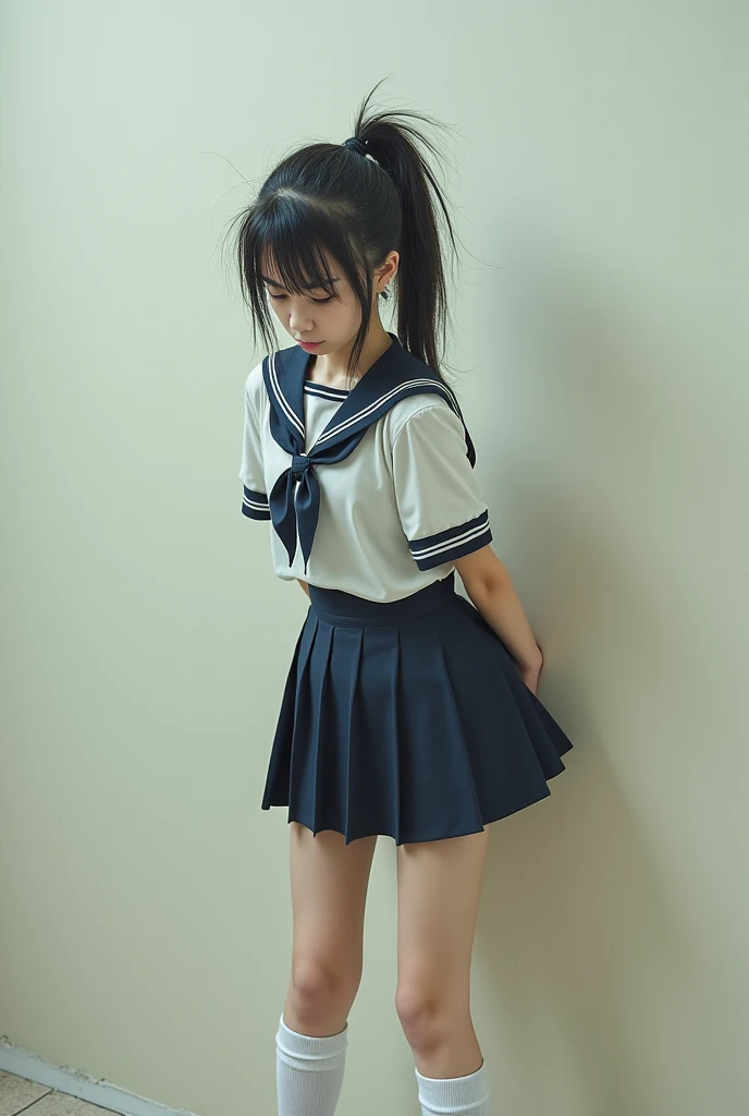 high quality, 8K Ultra HD, A girl, small chest, sexy pose, big eyes, baby face, with a scolar uniform, mini skirt,Nude , naked