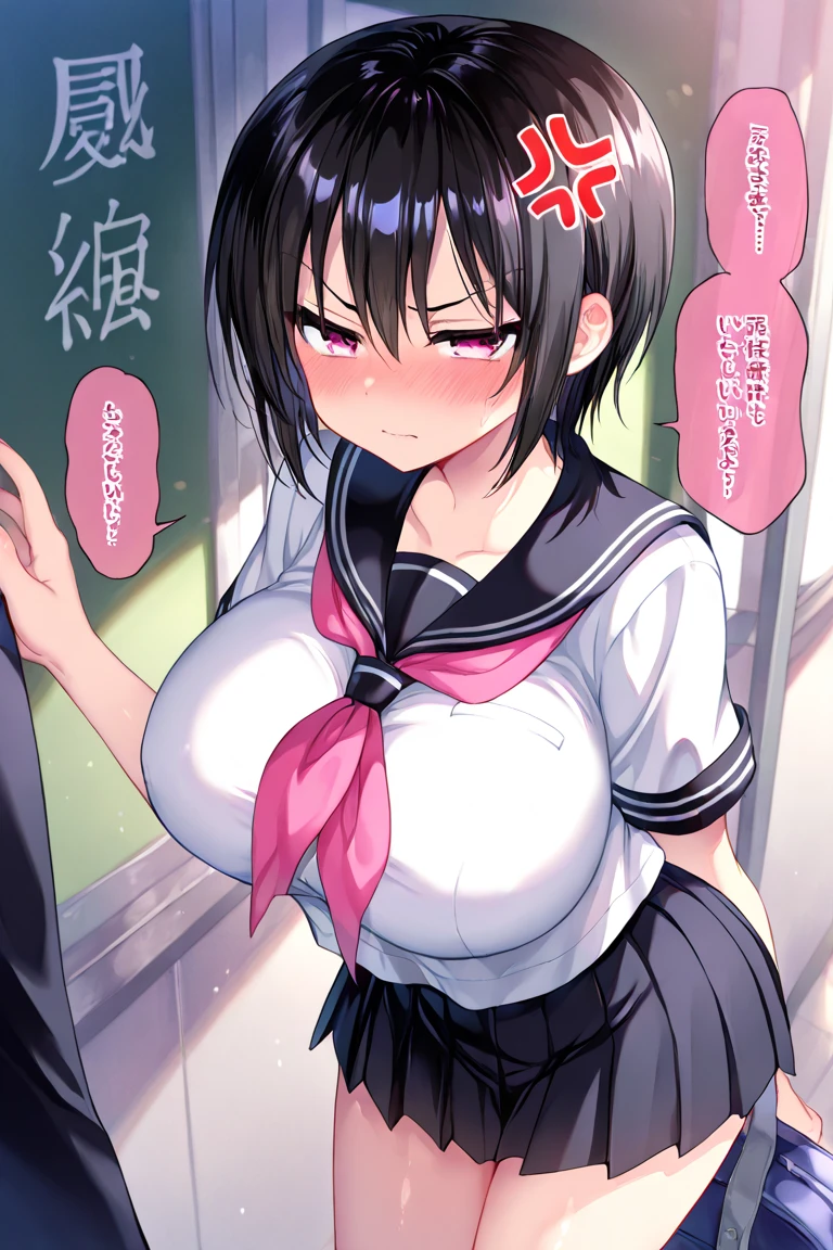 Black bob hair、hairpin、high school girl、Ahegao、、Large Breasts、Soft Breastan behind、((My breasts are massaged vigorously from behind:1.5))、Saggy breasts、Light pink nipples、Pink Panties