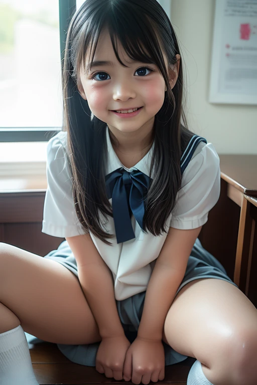 Hmph ,Anatomically correct,4K,highest quality, Highest Resolution, Two Girls, ((((Small body)))),(child),(school uniform), On all fours、、young！、one person、Long Hair、Black Hair、With bangs、small、Laughter、Big eyes、barefoot、Short sleeve、black eye、cute、Spread your legs、With ribbon、skirt、small胸、身長のsmall、