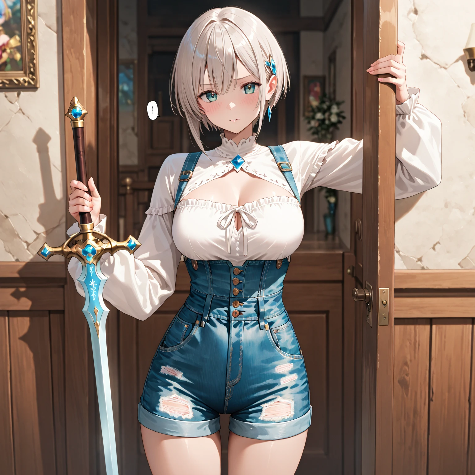 1 female,Attractive anime girl,whole body肖像,whole body,White clothes,Holding a sword,White short hair,Pale skin、Pale skin、Big boobs,较Big ,White sandals,