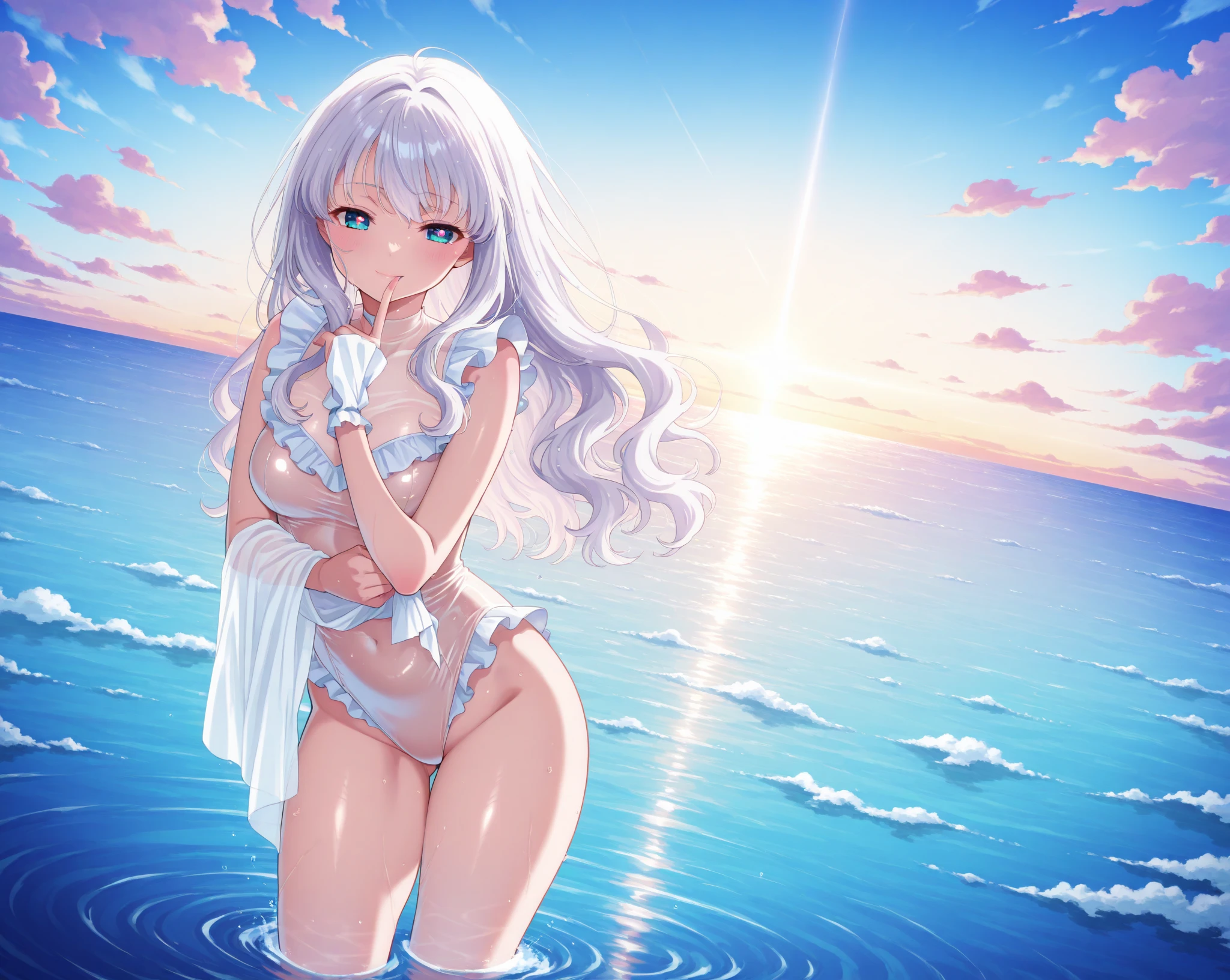 (Sky blue medium hair),(Braided hair tied together)、Pink eyes、Fair skin、(whole body)、(One Girl)、bikini、Shining white sand beach in midsummer、Hawaiian Ocean、Aloha Pose、A happy smile、、(masterpiece、Highest quality、Very detailed、Best Shadow)、(Detailed Background)、(Beautifully detailed face)、High contrast、(Best lighting、Very delicate and beautiful)、((Cinematic Light))、colorful、Hyper Detail、Dramatic Light、Exquisite detail、Standing with your legs apart