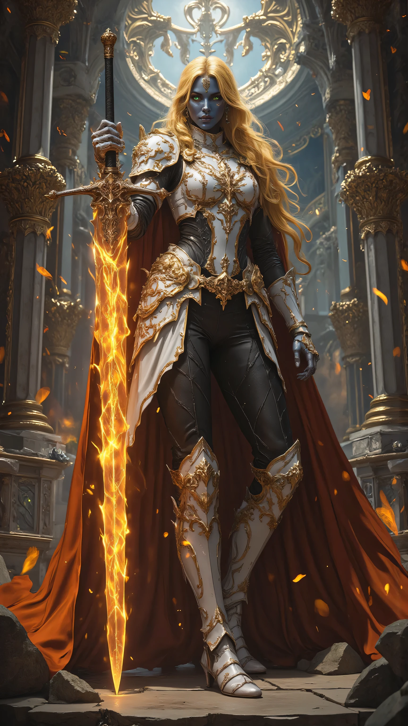 portrait of a female cleric of twilight armed with a fiery sword, exquisite beauty, dark blue skin female, yellow hair, long hair, (((no ears))), green eyes, red fire, wearing (twilight priestly combat vestments), wearing white armor, wearing high heeled boots, wearing white armor, wearing an (orange cloak), wearing glowing holy symbol, fantasy art, dnd art, RPG art, wide shot, (masterpiece) intense details, highly detailed, photorealistic, best quality, highres, within fantasy temple background, reflection light, high details, best quality, 16k, [ultra detailed], masterpiece, best quality, (extremely detailed), close up, ultra wide shot, photorealistic, RAW, fantasy art, dnd art, fantasy art, realistic art,((best quality)), ((masterpiece)), (detailed), perfect face, fantasy, glowing, ember