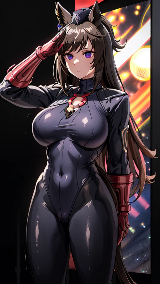1 girl,NSFW,Mejiro Ramone,(Uma Musume),horse ears, clavicle, absurd, brainwashing,Combatant, empty eyes,((purple glowing eyes 1.5))( huge breasts ), No expression, emotions removed,((black shadaloo suit)),look away , whole body shape, ((stand up, salute)),(highest quality、4k、8K、High resolution、must have:1.2)、Super detailed、(reality、It&#39;s realistic、realistic:1.37)、ticker、hyper hd、studio lighting、ultra definition paint、sharp focus、Physically based rendering、extreme details、Professional specifications、vibrancy and color、blurry、sports portrait、landscape、horror style、anime big breasts、SF、photograph、concept artist、five fingers, perfect body,  {{{masterpiece}}}, {{{highest quality}}}, {{Super detailed}}, {shape}, {{very delicate and beautiful}},Improved cost performance、all roles、Canon 5D MK4でphotograph、photograph, 