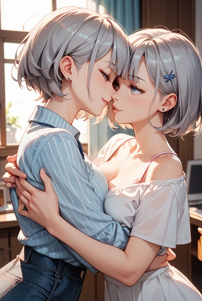 (detailed), two tomboys on a balcony, cityscape, short hair, small breasts, dress shirt, dress, jeans, (kissing:1.2), closed eyes, solo, best quality, best anatomy