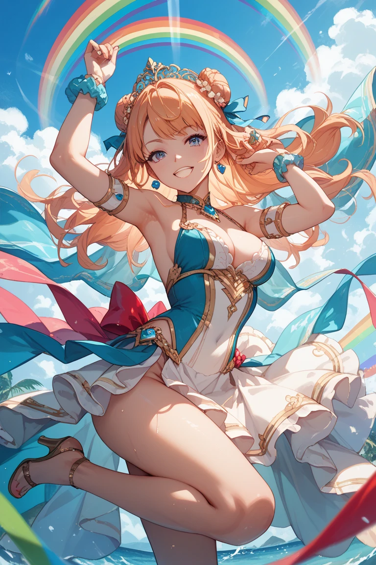 masterpiece, best quality,8k wallpaper, blue eyes, kousaka honoka, breasts , v,luxury party, wedding dress , colossal cleavage, one eye closed , navel cutout, spoken heart, elbow gloves, tiara , dynamic angle, (lip gloss:0.6), smile
