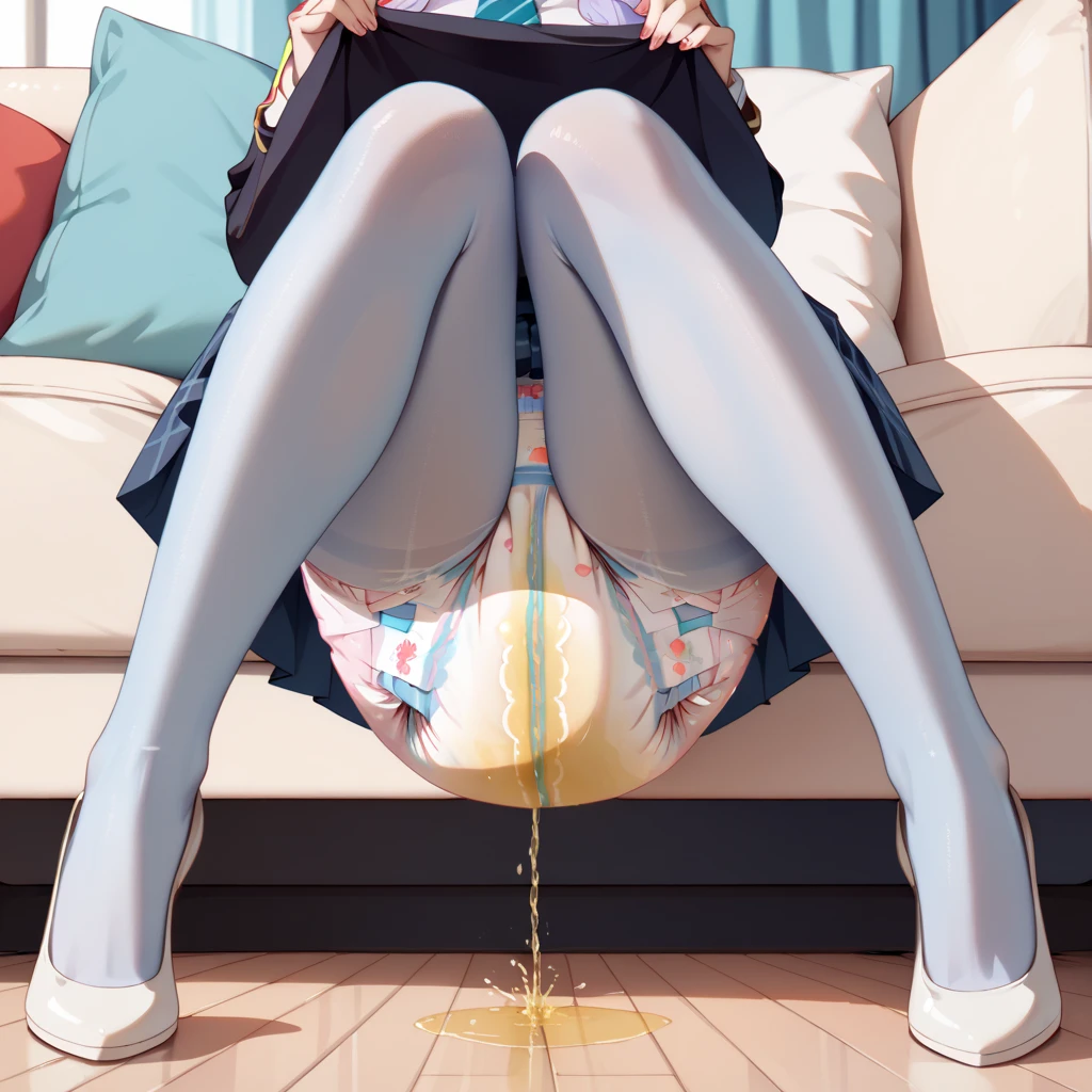 girl standing in a room with her arms crossed, angry face, sydney sweeney, realistic, beautiful, scenery, dynamic light, sharp focus, bright pupils, stockings, underwear, white shirt, illustration, (peeing, pee leak:1.3) , having an accident, full bladder, has to pee, peeing self, wetting self, (pee on legs:1.2 ) , soaked panties, (dark stain on crotch of panties :1.5)
