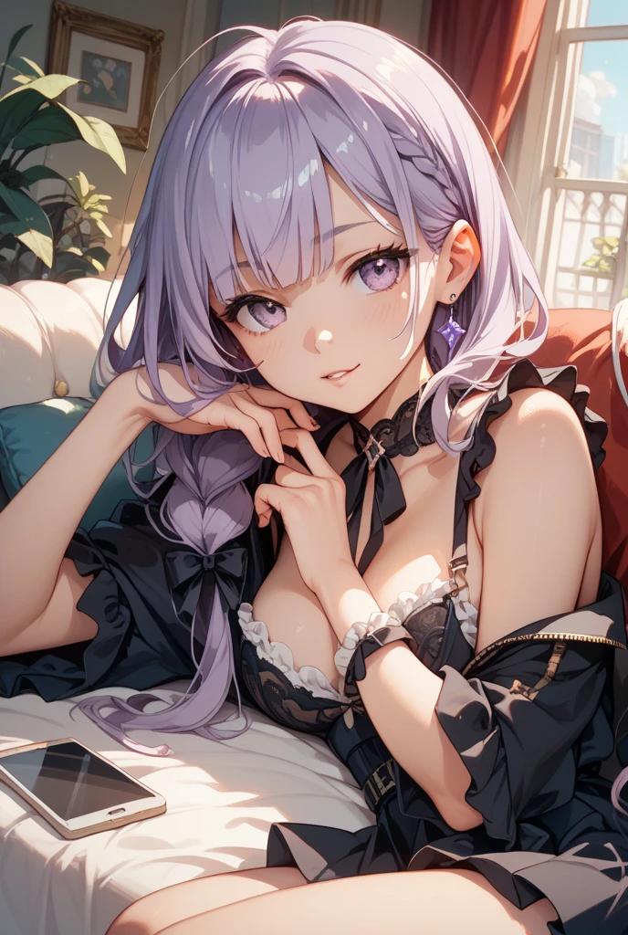 ((SFW)), (masterpiece, best quality, highres), 1 adult female, solo, nighttime, kneeling on bed, ((bed is outside)), forest surrounds the bed, trees ((white night gown, comfortable night gown, no sleeves night gown)), long silver hair, pale pink lips, Fishnet tights, ((heart shaped cornea, beautiful seductive smile)), navel showing, three bangs, purple pupils, (facial details, beautiful eyes, eyes full of details), dim moon light