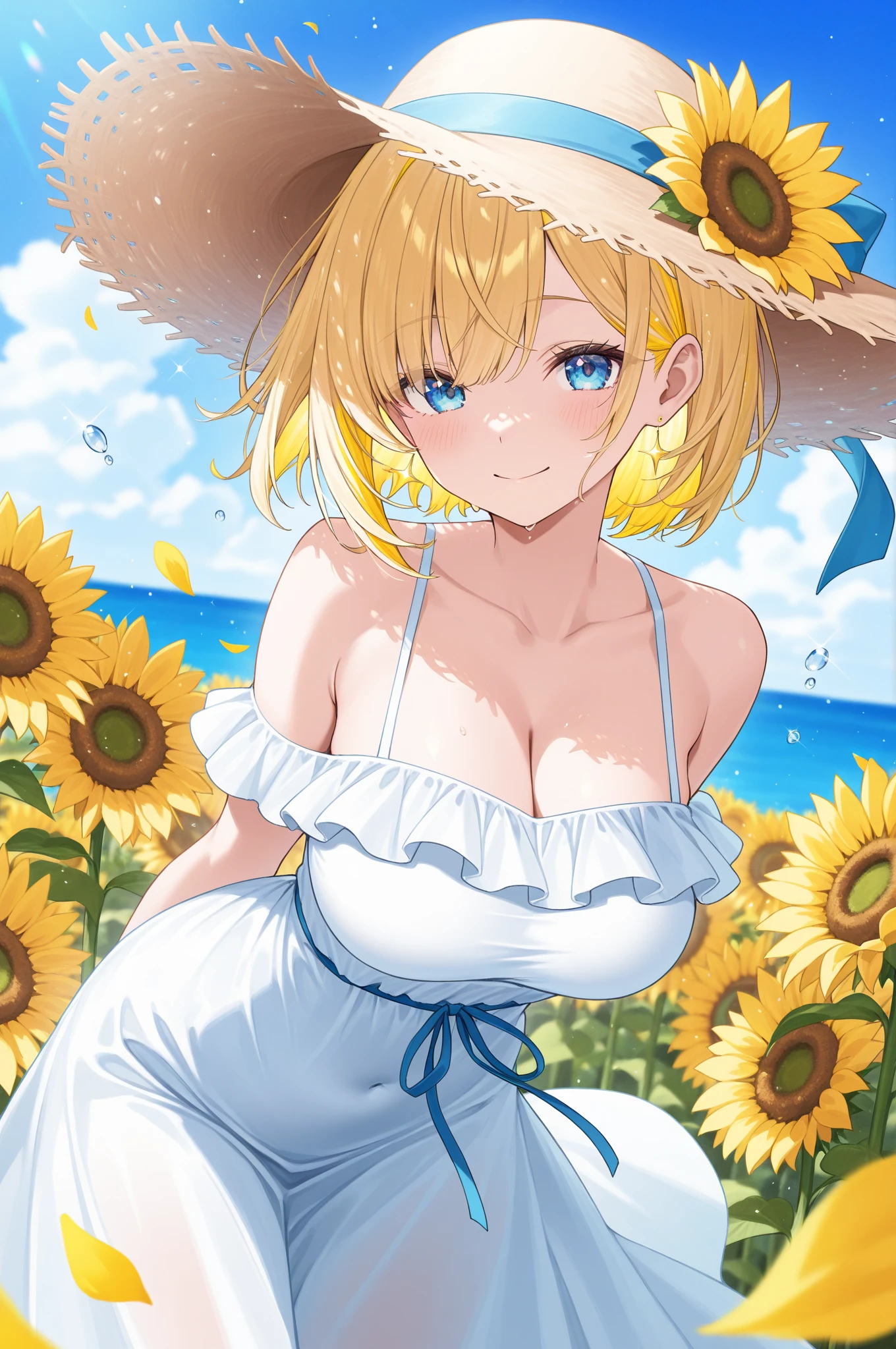 1girl, adult woman, (Naked: 1.4), (Blushing:1.4), (Loose string dress with no pleats, floral print, cleavage, naked), blushed, Smile, Cowboy Shot, Slim body, Small breast, small boobs, Full Body, glowing skin, detailed face, detailed eyes, (Detailed background: sunflowers farm, summer time)