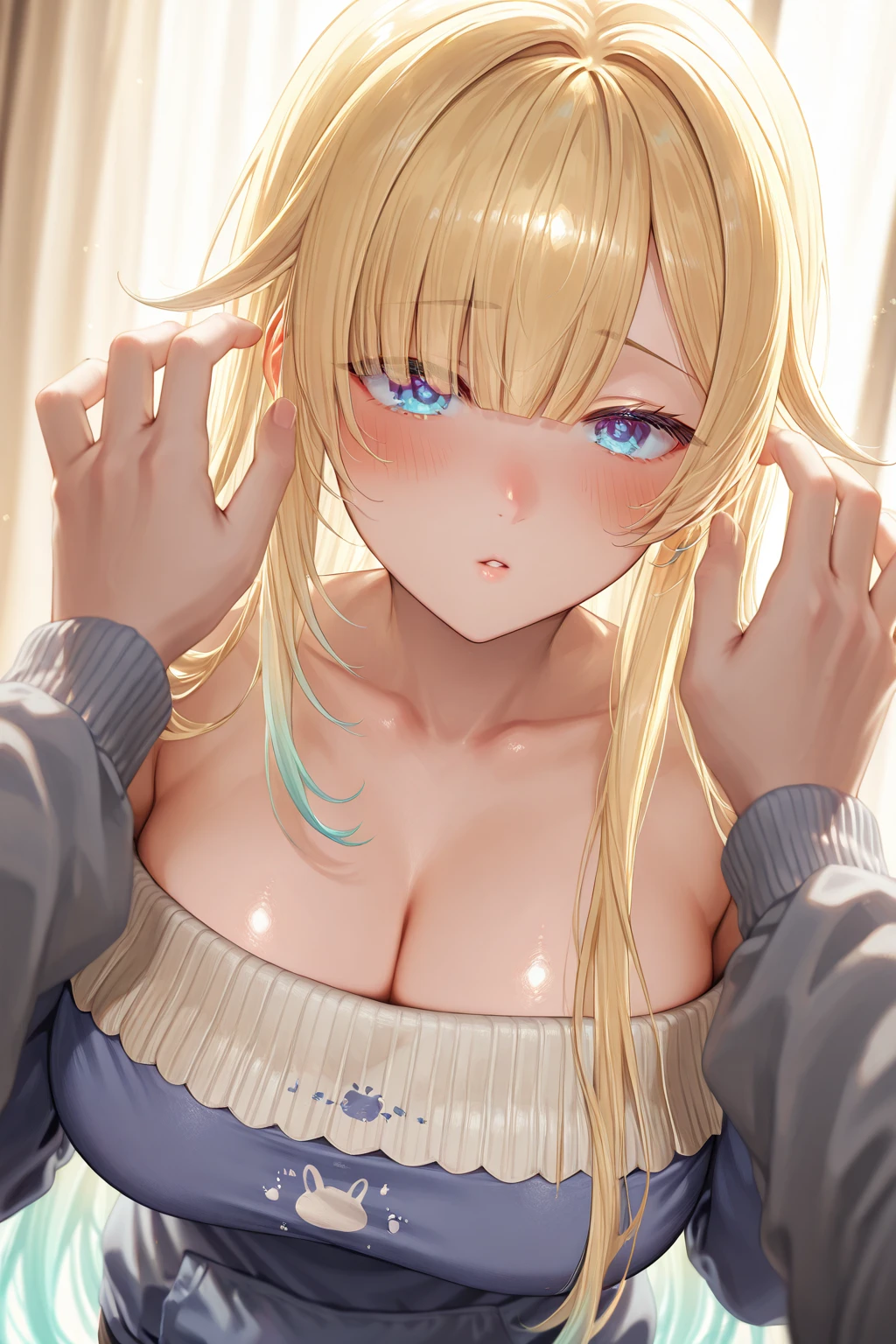 (masterpiece, highres, high resolution:1.2), anime 20 yo girl, portrait, shoulders up, illustration. drawn, blonde hair woman, blue eyes, blushing, solo, sad, sad face, freckles, big lips, huge breasts, perfect body, wearing a turtleneck sweater, anime girl, visible , visible nipples, shirt lift, lying on bed, blowjob