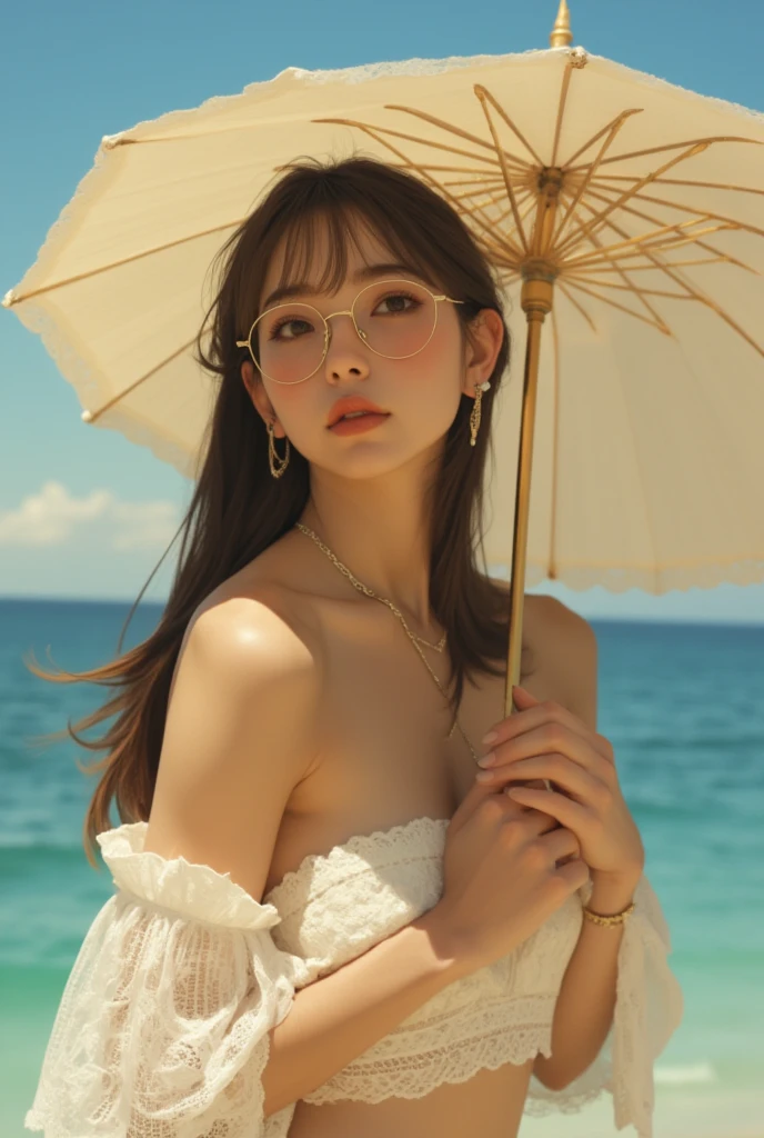Masterpiece, Top Quality, Fine, High Resolution, Spirit Color, One Girl, 20 Years Old Cute Woman, Wet Thin Fabric Swimsuit, (Super Big: 2.9), Face Up, (Head to Chest: 2.9), Wet and Sheer White Micro Bikini, White Micro Bikini Dipped in Gel, Solo, Big Breasts, Very Cute Lips, Cleavage, Black Hair Blown by the Real Wind, Short Hair, Laughing Face, Navel, Sun, Side Tie bikini, sky, cloud, smile, black eyes, teeth, face closeup, translucent white bikini