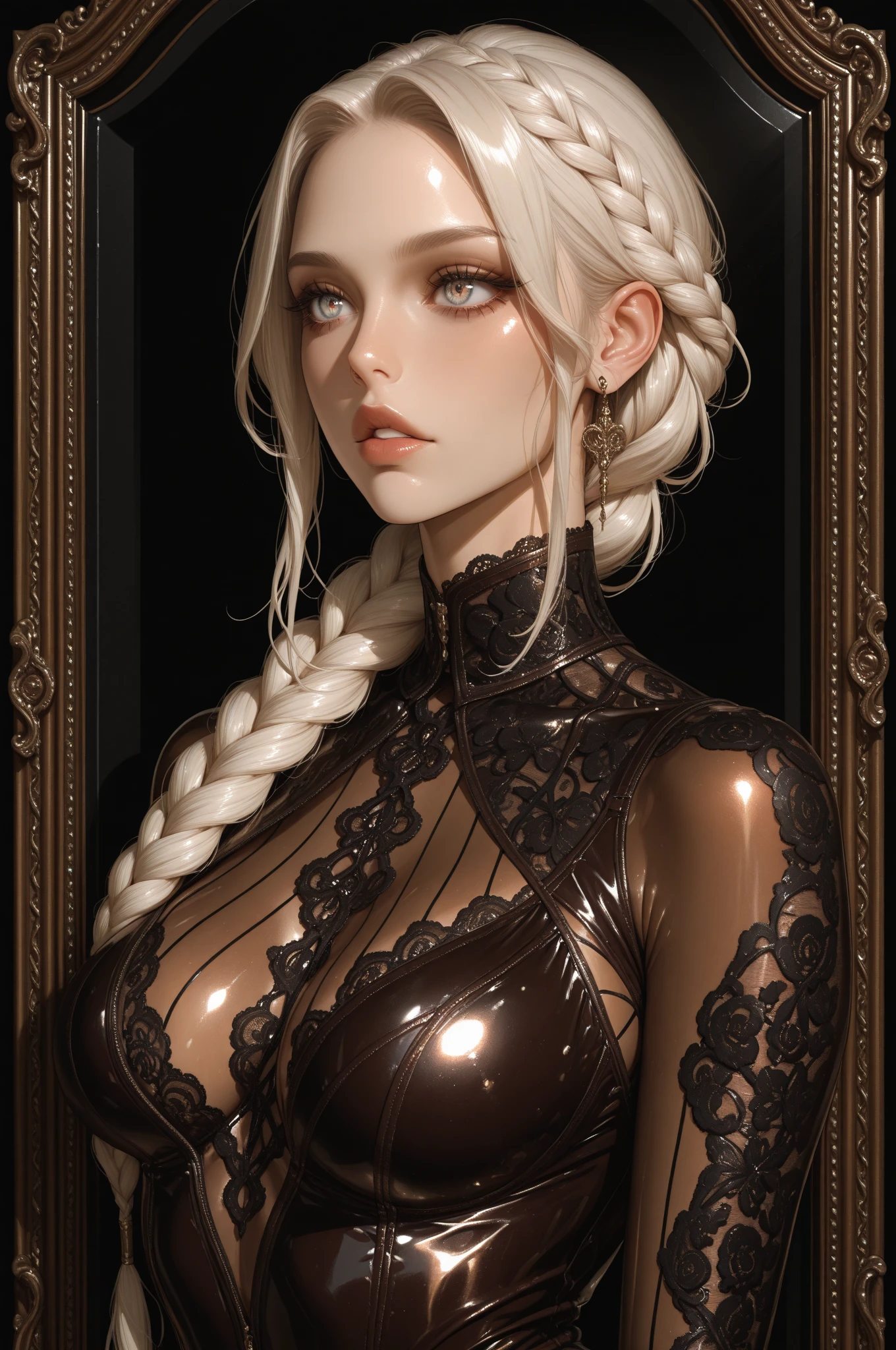 ((best quality)), ((masterpiece)), (detailed), 1girl, (big forhead:1.2) ((toned body,slender body,skinny:1.3)) ,extremely detailed cute anime face, (((flat chest))), (flat chest:1.1),((((long twin braids,tight braids,long braid,braided hair,long hair)))),intricate eyes,beautiful detailed eyes,symmetrical eyes,(((detailed face))),beautiful detailed lips, dynamic pose, looking at this, resolved, resolute, highres,(best quality),(ultra detailed,extremely detailed),perfect face details, ((masterpiece:1.4, best quality))+, (ultra detailed)+, bob cut hair, cute girl, (flat chest:1.1), small breasts, slim body, skinny, prominent collarbones, skinny arms, flat stomach, visible hip bones, long hair, red hair, white hair, blonde hair, dark hair, ponytail, thick ponytail, heavy ponytail, small breasts, perfect face, small breasts (flat chest:1.1), Detailed body,Full limbs, (flat chest:1.1), A female knight,Yellow hair,diadems, Wide-angle, Bokeh, Wide-angle, High details, High quality, High Quality anime art style, Masterpiece, bloodborne inspired, bloodborne aesthetic, ornate gothic attire, gothic, occult aesthestic, occult, whole body, full body, body, ornate mourning wear, templar knight inspired, visible breasts (small breasts) cum on her body, full of cum, gleaming skin,shiny skin,(sweat:1.3)