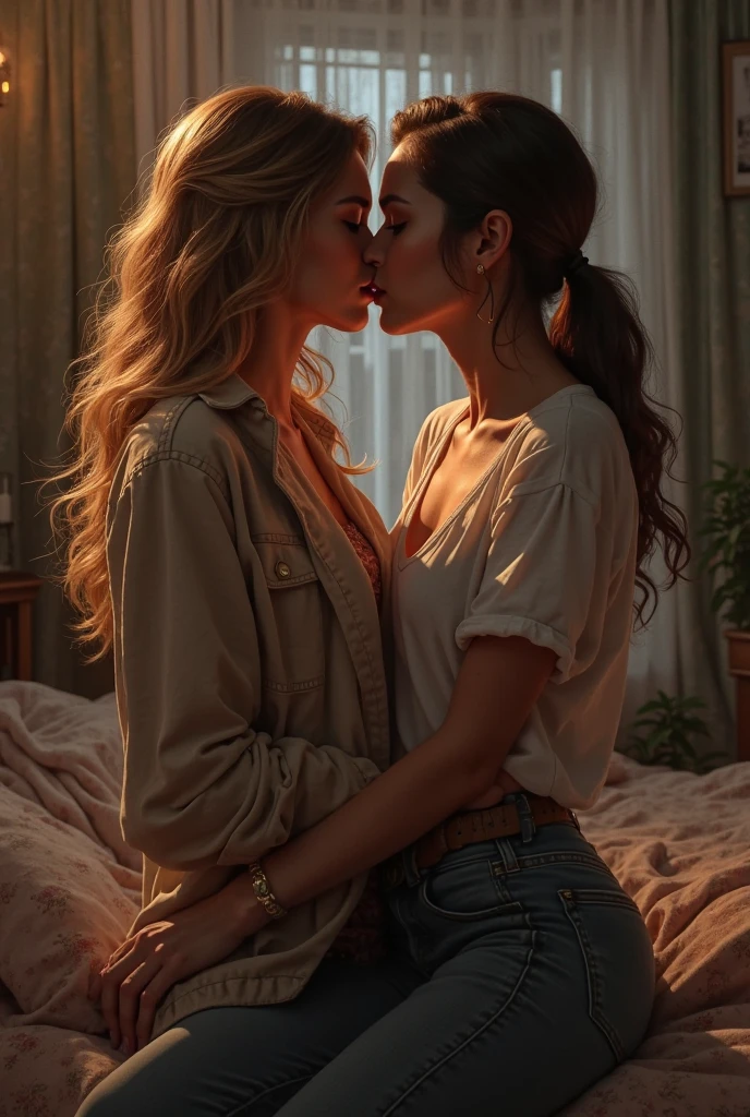 In a cozy coffee shop (soft lighting, sitting together and sensually touching on a comfy couch, Large crowds:1.6), (2girls:1.1), (girlfriends, lesbians, lovers, on a romantic date:1.15), dressed in (casual sexy short cotton skirts and silk blouses:1.2), (puckered lips, lips so close, kissing:1.5), (fingering:2.0), (blonde Sydney Sweeney:1.3), (brunette Sarah Hyland:1.4), strappy wedge sandals, (skin texture:1.7), (high detail face:1.8), full bodyshot, high detail body, high detail clothes, (masterpiece), (realistic), ultra high definition, 4k, ultra high resolution, film grain, photo by Arny Freytag, RAW image, perfect fit body, firm abs, beautiful body, extremely detailed, intricate details, highly detailed, detailed skin, realistic skin texture, texture, detailed eyes, maximum detail, roughness, real life, ultra realistic, photorealism, photography, absurdres, highest quality, professional photo, highres, super detailed