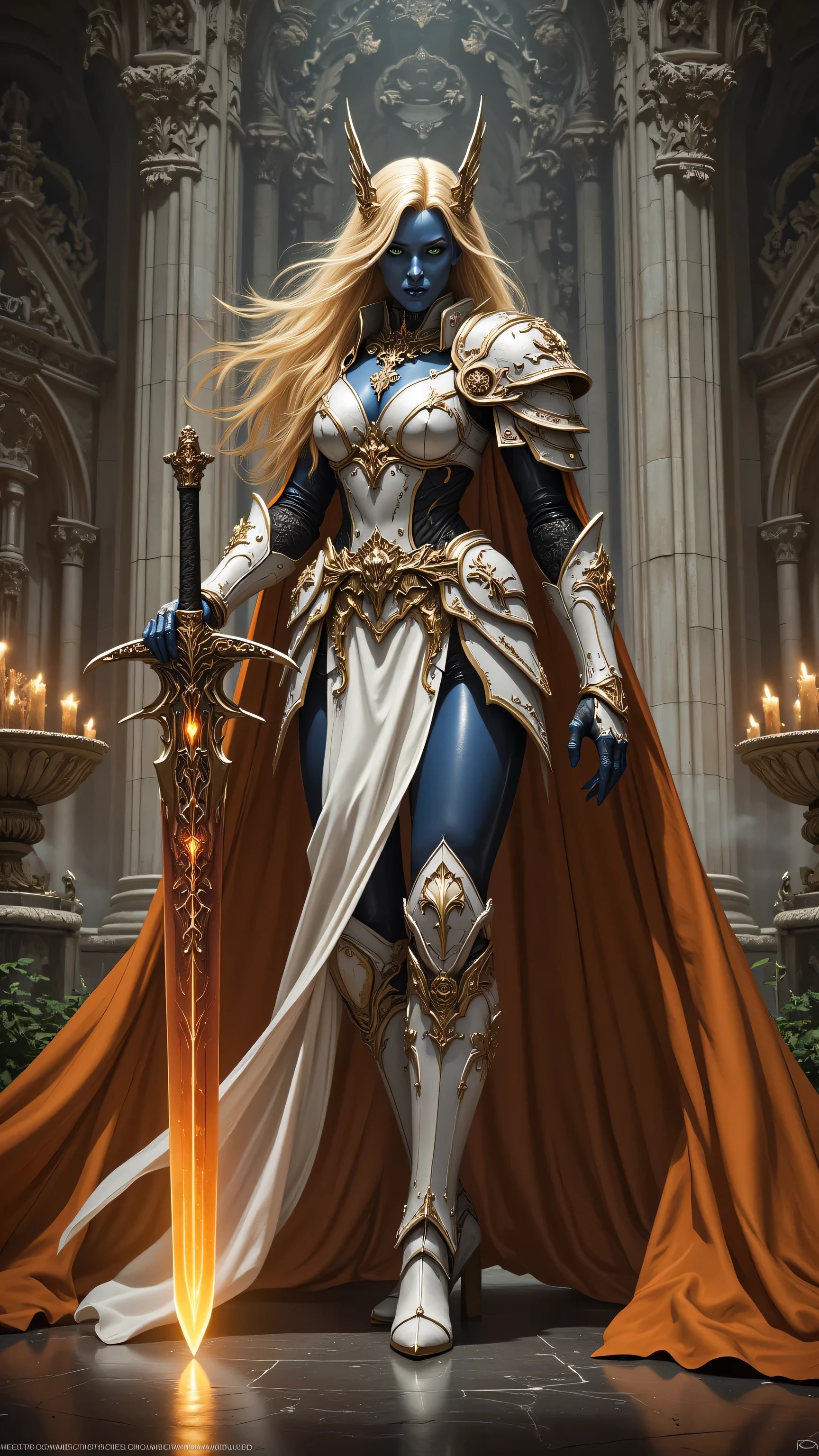portrait of a female cleric of twilight armed with a fiery sword, exquisite beauty, dark blue skin female, yellow hair, long hair, (((no ears))), green eyes, red fire, wearing (twilight priestly combat vestments), wearing white armor, wearing high heeled boots, wearing white armor, wearing an (orange cloak), wearing glowing holy symbol, fantasy art, dnd art, RPG art, wide shot, (masterpiece) intense details, highly detailed, photorealistic, best quality, highres, within fantasy temple background, reflection light, high details, best quality, 16k, [ultra detailed], masterpiece, best quality, (extremely detailed), close up, ultra wide shot, photorealistic, RAW, fantasy art, dnd art, fantasy art, realistic art,((best quality)), ((masterpiece)), (detailed), perfect face, fantasy, glowing, ember