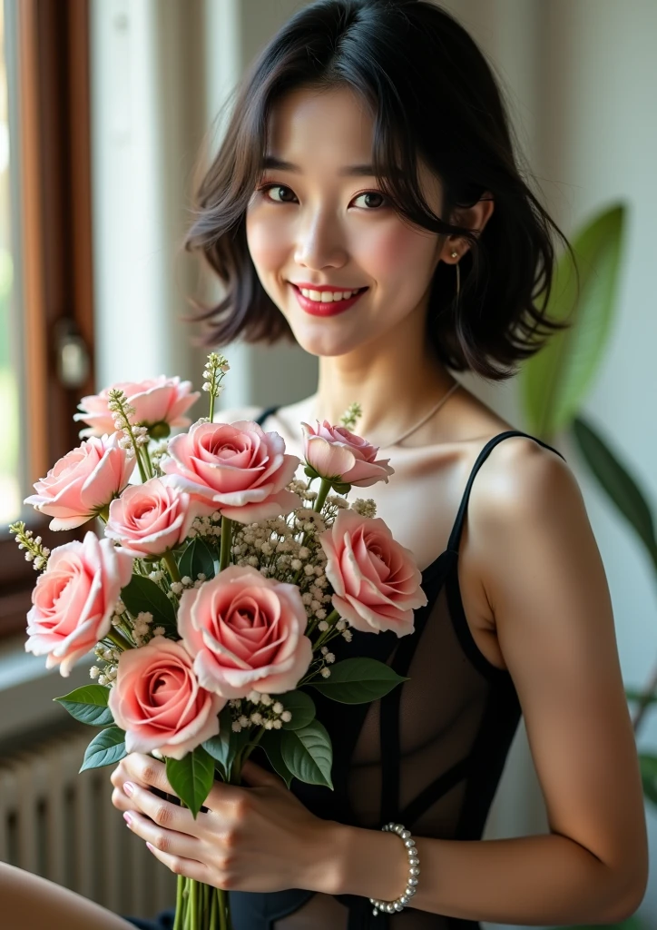 (from above:1.2),(from side:0.9), ((Face)), (Close-Up:0.4), ((looking at viewer, holding a bouquet)),(magazine cover:1.4), highest quality、(real、photorealistic:1.4),(ultra high resolution, 8K RAW photo, clear focus), best qualtiy, natural lighting, field depth, (Bright pupils, detailed beautiful eyes, high detailed face), Red lip, (tight focus:1.2, from below), sexy posing, seductive weak smiling, Looking at Viewer, Cinematic lighting, Perfect, softlight, High resolution skin:1.2, Realistic skin texture, body tired from sports、30 years old mature woman、a small face、beautiful-makeup、Makeup light、Shortcut Hair、dark brown hair、Bust b Cup, Amazing Cleavage, thin waist, big ass, Raised sexy, big breast: 1.2 posed cleavage:1.2、off shoulders、Sportsbra、legginullnude、cute wall background .