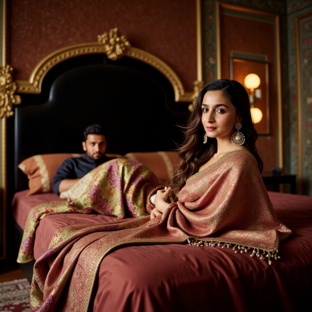 Create a 3D realistic image of a 25-year-old girl in a beautiful bedroom, wearing a stunning yellow and black sari, lying on the bed in beautiful yellow high heels, talking on her phone. When a man is cleaning the room." 