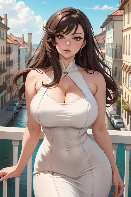 one Rebecca wearing white lingerie with gold accents, mature woman, long brown hair, hair in a ponytail, blue eyes, sexy hourglass figure, standing outside, the Notre Dame in the background, [ 4 k digital art ]!!, seductive anime girl, deviantart artstation cgscosiety, trending on cgstation, 8k high quality detailed art, photorealistic anime girl render, kawaii hq render, commission for high res, thicc
