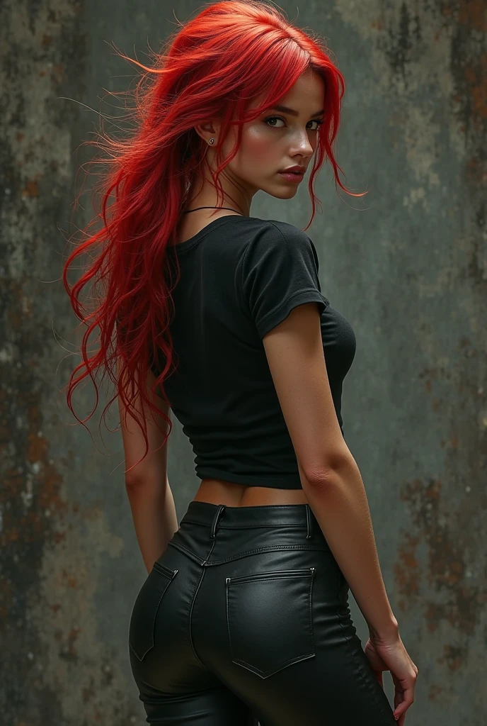 Young beautiful modern gothic girl who looks 20 years old she is thin and has very long red hair, she also has big athletic legs. His face is angry. She is wearing a skirt and is in topless
The image perpective is from her back.