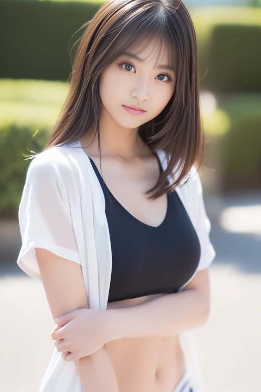 1girl, 25 years old woman, medium breasts, (perfectly detailed face), (1girl eyes looking at viewer:1.55), Hands behind the body, hands behind head, hands behind head, Simple Background, photorealistic, (bokeh), UHD, anatomically correct, highres, textured skin