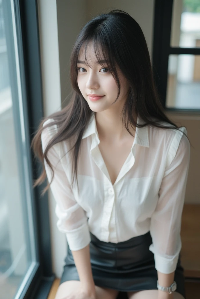 natural skin,<lora:more_details:0.3>,<lora:GoodHands-beta2:1>,(best_quality photography:1.2),coffee shop,coffee mug,table,best photo pose,1lady,(kpop idol, korean mixed, gorgeous beautiful-28 age years old-sexy women),sitting,black hair,light smile,white see-through blouse,pleated skirt,(8K, UHD, RAW),masterpiece,best quality,((highly and ultra realistic)),(photorealistic),(high quality*soft texture skin:1.4),(realistic texture skin:1.2),