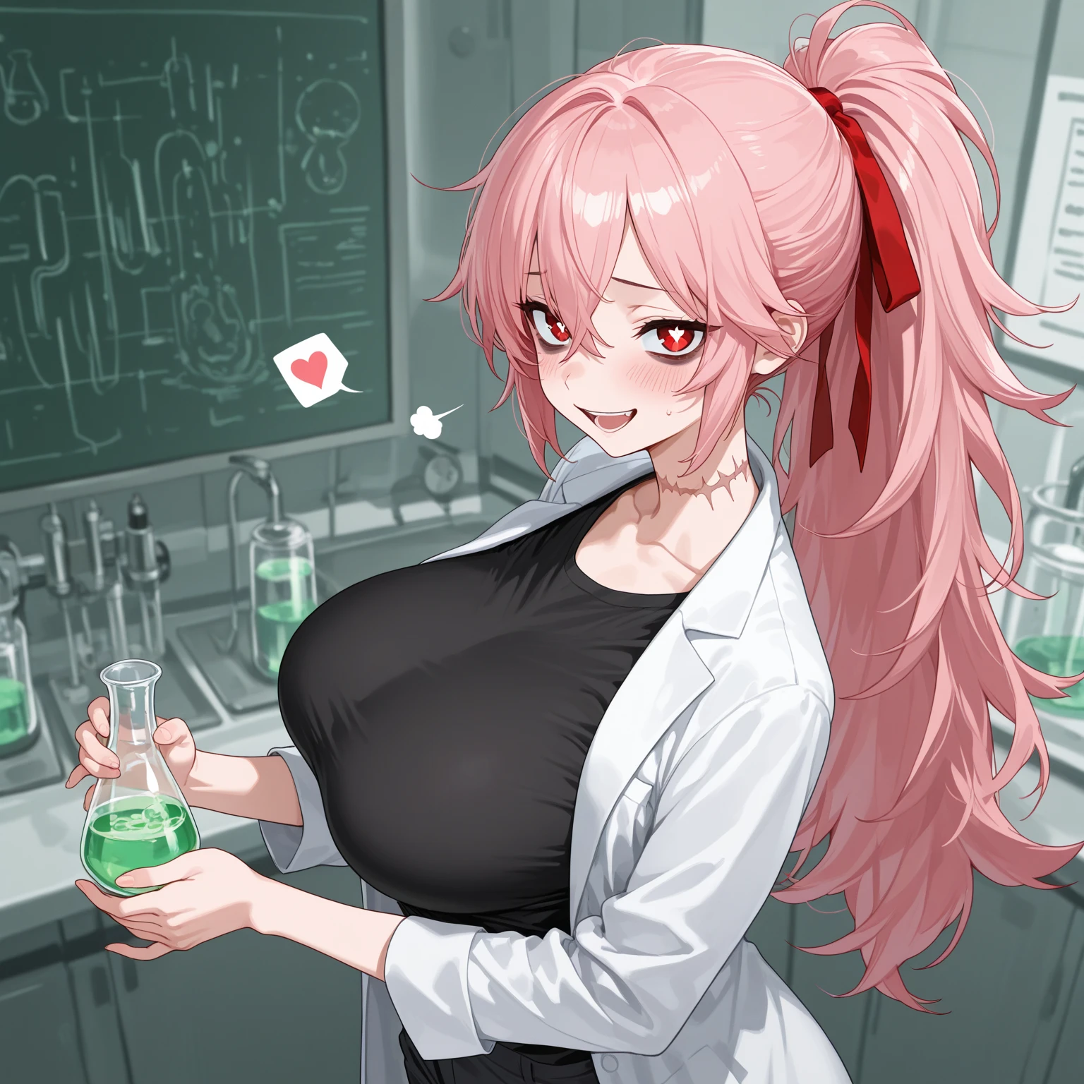 (masterpiece, best quality, high resolution), absurdres, intricate details, realistic, lens flare, glitters, (detailed shining dark pink eyes, heart shaped pupils:1.2), (upper body, focus face), <lora:add_detail:0.2>
BREAK (delicate hair, detailed shining light green hair blowing in wind:1.3), beautiful face, expressionless, (fearless smile)
BREAK (kawaii cute yandere 1girl on desk, mad scientist, test tubes in hand:1.3), (delicate best hands)
BREAK white lab apron, (large breasts), detailed skin
BREAK black glasses, (dynamic pose:1.2), lively atmosphere, (lively crowd:1.25)
BREAK (lab racks, lab notebooks, microscopes, beakers, burners, flasks, pipettes, petri dishes, graduated cylinders, chemical reagents, lab equipment, lab stools), (sci-fi, graph on display monitor:1.25)