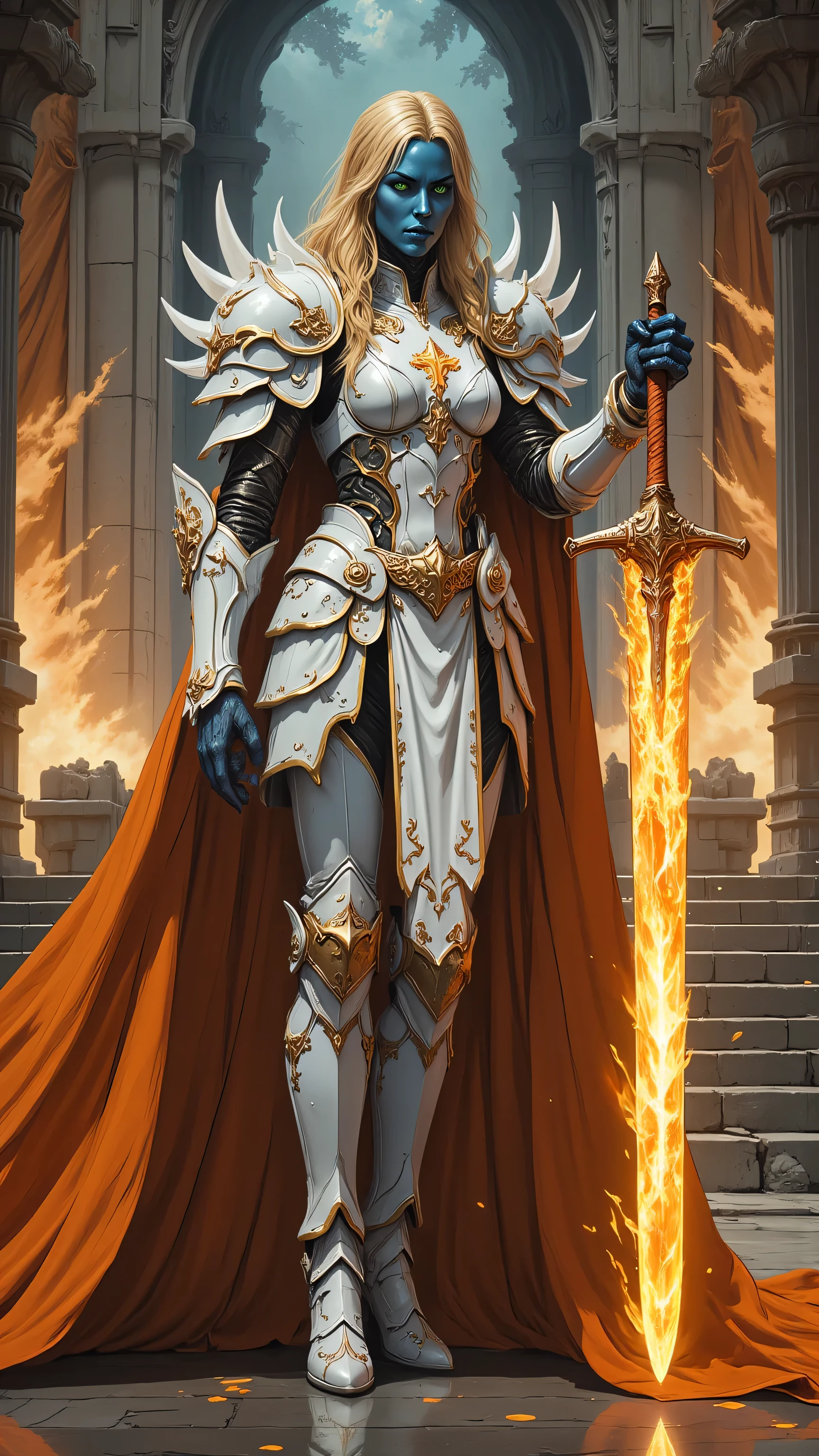 perfection style,A illustration in the commix style,holy armor,fantasy armor,portrait of a female cleric of twilight armed with a fiery sword, exquisite beauty, dark blue skin female, yellow hair, long hair, (((no ears))), green eyes, red fire, wearing (twilight priestly combat vestments), wearing white armor, wearing high heeled boots, wearing white armor, wearing an (orange cloak), wearing glowing holy symbol, fantasy art, dnd art, RPG art, wide shot, (masterpiece) intense details, highly detailed, photorealistic, best quality, highres, within fantasy temple background, reflection light, high details, best quality, 16k, [ultra detailed], masterpiece, best quality, (extremely detailed), close up, ultra wide shot, photorealistic, RAW, fantasy art, dnd art, fantasy art, realistic art,((best quality)), ((masterpiece)), (detailed), perfect face, fantasy, glowing, ember