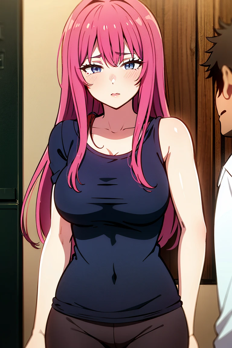 Masterpiece, best quality, Masterpiece, best quality, 1 woman , Long pink hair , purple eyes , Annoyed look , purple bikini , big breasts , abdomen , วางมือบนhip , hip , thigh , In front of the room , 1 old man , long-sleeved shirt , Embrace a woman , woman resists