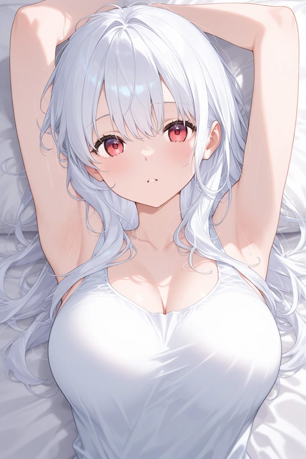 ((Beautiful lighting, Best Quality, 8K, masutepiece: 1.3)), 1girl in, Perfect Body Beauty, ((White hair)), ((White Dress, [Black bra]: 1.4)), (Indoor , Night: 1.1), Sexy Pose (laying down on the bed), Super fine face, Fine eyes, Naughty look