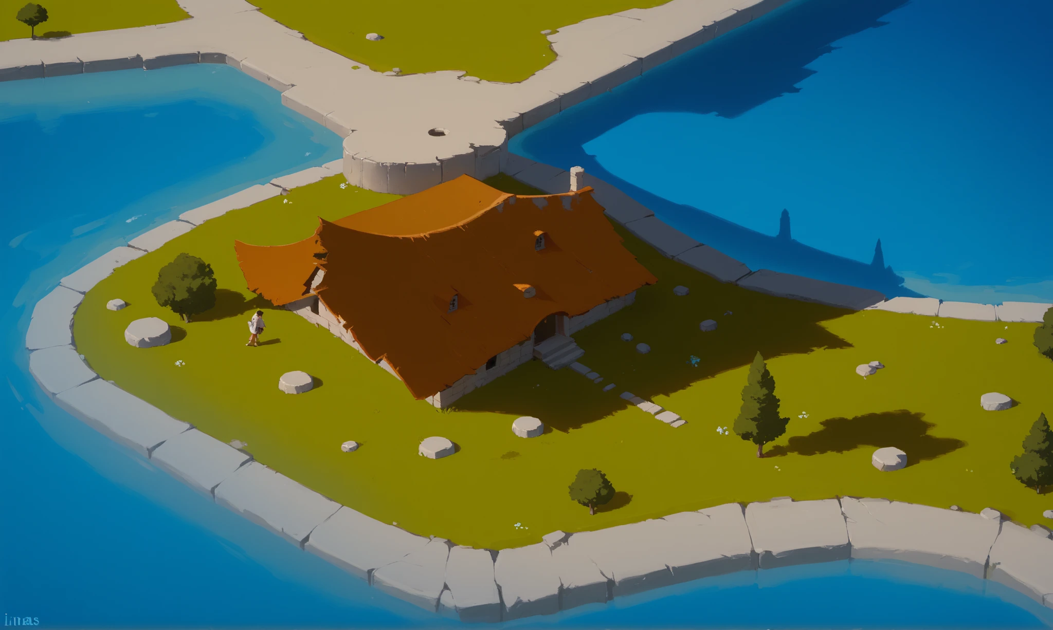 ((The building is made of wood)), ((ruins)), ((ruined wooden villa)), ((thickets)), ((lianas)) mud, Bushes, ruin)), ((location)). ((no piople)), Isometric game for upgradeable city-builder, ((modern island)), ((palm trees)), ((sea)), ((water)), ((clouds))