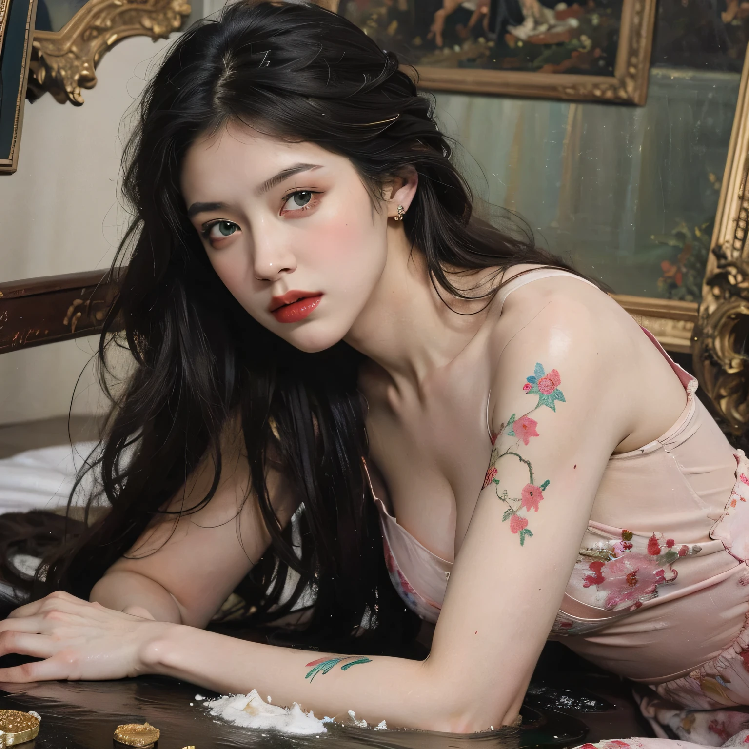 a beautiful girl with tattoos on her body, wearing a native dress, 1girl, detailed face and eyes, beautiful detailed lips, extremely detailed eyes and face, longeyelashes, intricate details, oil painting, realistic, photorealistic, photo-realistic:1.37, best quality,4k,8k,highres,masterpiece:1.2,ultra-detailed,vivid colors,studio lighting,physically-based rendering,extreme detail description,professional