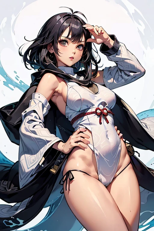 masterpiece, super detailed, 8K portrait, RAW photo, portrait photography, highly detailed face, ((fantasy)), 1 female, (((((Lewd look))))), (((spread legs, legs up, dynamic pose))), 19 years old, (((((Exhibitionist Woman))))), (((Black little eyes))), (((black straight hair))), (((Eyes are hidden by bangs))), Larger earrings, (((white skin color))), (((((Obscene uterus pattern tattoo on abdomen))))), (((((puffy sleeve thong bikini))))), (((((cameltoe))))), (((silk cloak))), (((little waist hip pouch))), (((see-through tights))), (((leather boots))))), (((Equip a long iron sword))), midday sun, surreal, ((((flat chest)))), (((((small breasts))))), (((thick thighs))), long legs, In the medieval adventurer’s guild, environmental lighting, shadow details, Focus the camera on the thigh, strong wind, light fog,
