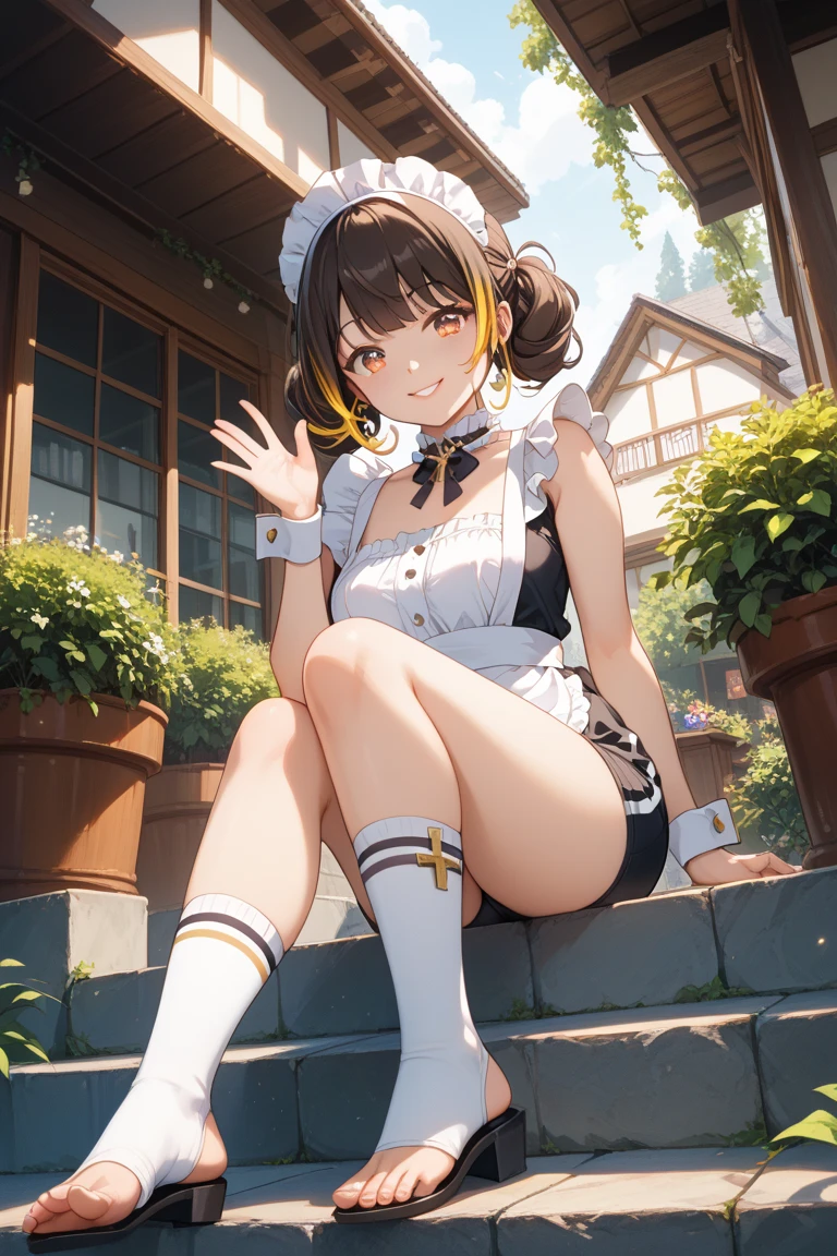 Anime illustration、highest quality、Fairy tale、Fantasy、Alice in Wonderland、plump female traveler、Bunny ears、Luxurious tea party、English Garden、Long machine、Thick legs、Beautiful, shining eyes、smile、Noise Reduction