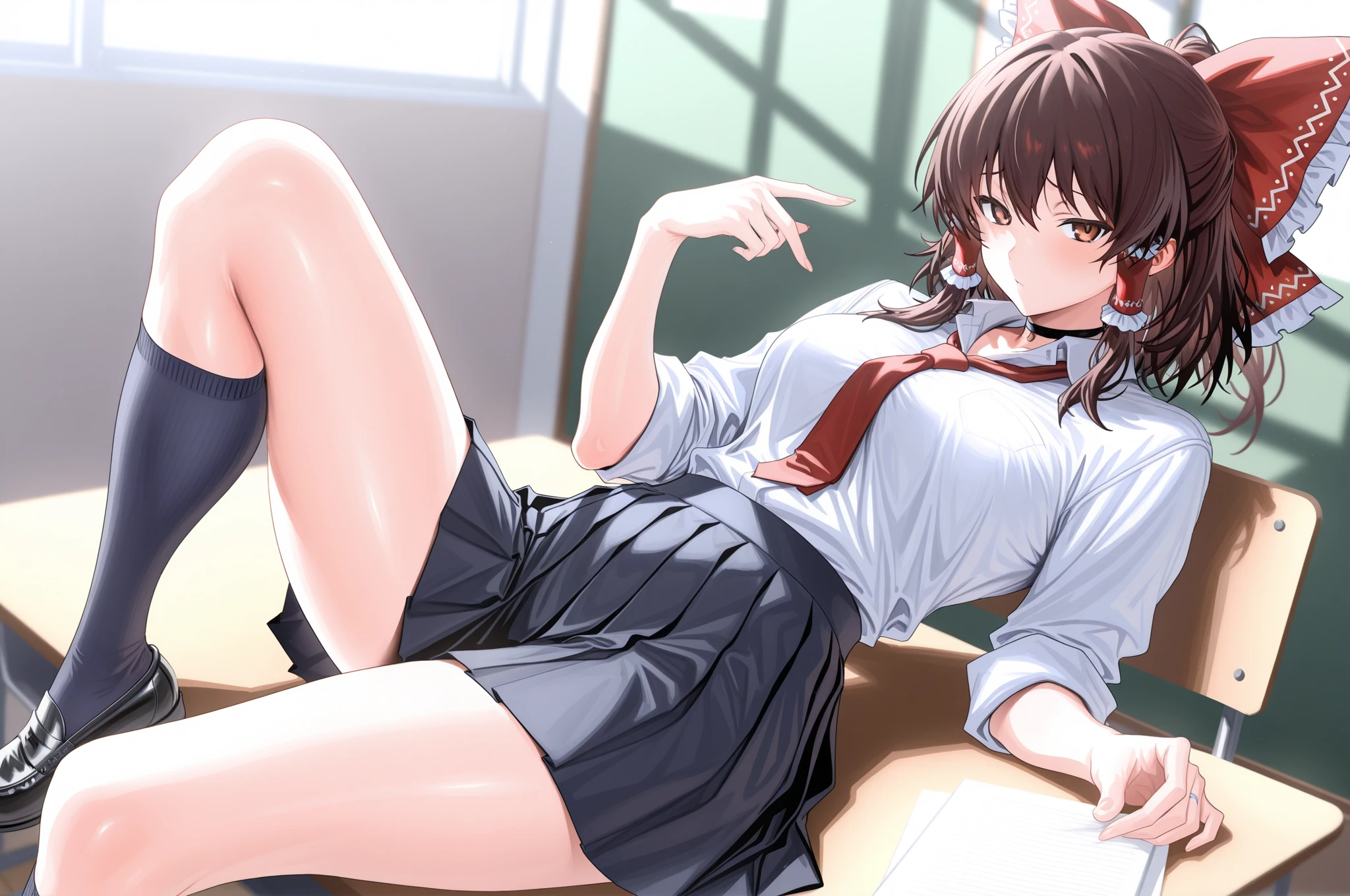 ((masterpiece)), ((highest quality)), (Super detailed), ((very detailed)), 4k, (8K), highest quality, (beautiful), super detailed illustrations, realistic, 1 girl, alone, an extremely cute and beautiful young girl, big breasts,from below,seat,spread your legs,Medium straight,brown hair,brown eyes,high school girl uniform,white panties,(panty shot),classroom