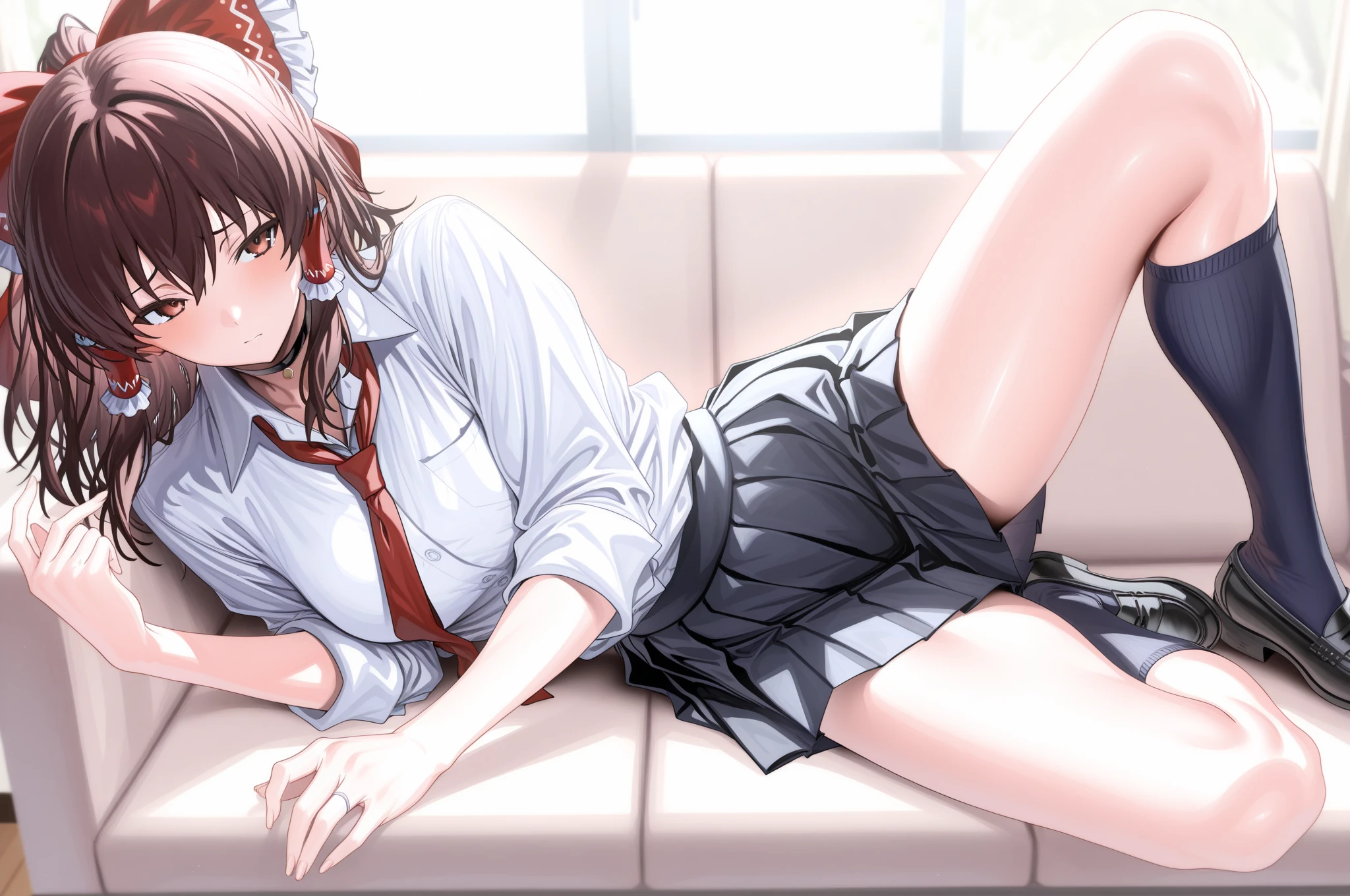 bangs,brown_hair, long_hair,red eyes,lipstick,makeup,
BREAK (white skirt, red ribbon, pink shirt, pleated skirt, bangs, neck ribbon, puffy short sleeves:1.2)
BREAK (spread legs), sitting,
BREAK indoors, military place,
BREAK (masterpiece:1.2), best quality, high resolution, unity 8k wallpaper, (illustration:0.8), (beautiful detailed eyes:1.6), extremely detailed face, perfect lighting, extremely detailed CG, (perfect hands, perfect anatomy),