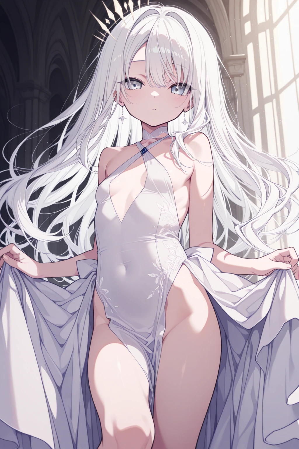 (Ultra Real), (Illustration), (High Resolution), (8K), (Very Detailed), (Best Illustration), (Beautiful Detailed Eyes), (Best Quality), (Super Detailed), (Masterpiece), (Wallpaper), (Detailed Face), Solo, (Dynamic Pose), One Girl, White Wavy Hair on the Boulevard, Losing Clothes, Japan Person, Iris Colored Eyes, (((Very Thin, Small and Short Night Dress)), Medium breasts, long legs, best ride of legs, wide waist, (without panties), (without bra)