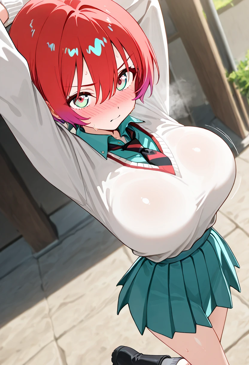 masterpiece,best quality, 1girl, kita ikuyo, bocchi the rock!,nsfw,(school uniform:1.1),classroom,(fellatio gesture:1.2),bukkake,looking at viewer,cleavage cutout,medium breasts,beautiful nipples,cum everywhere,anime keyvisual,sitting,side view,cum on tongue,seduce